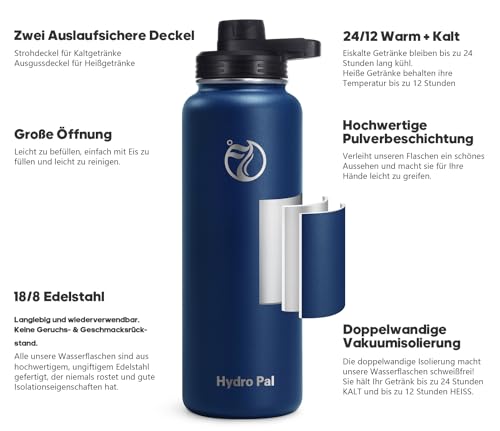 Detalle 2 de HydroPal 750ml Edelstahl Isolierflasche – Doppelwandig, mit Strohhalm und zwei Deckeln