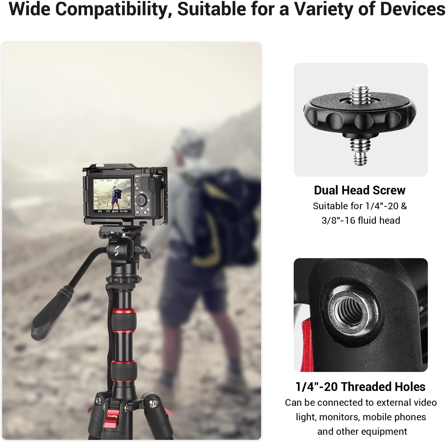 Detalle de SMALLRIG Trépied/monopode en aluminium pliable 3983, compatible têtes 1/4-20 et 3/8-16