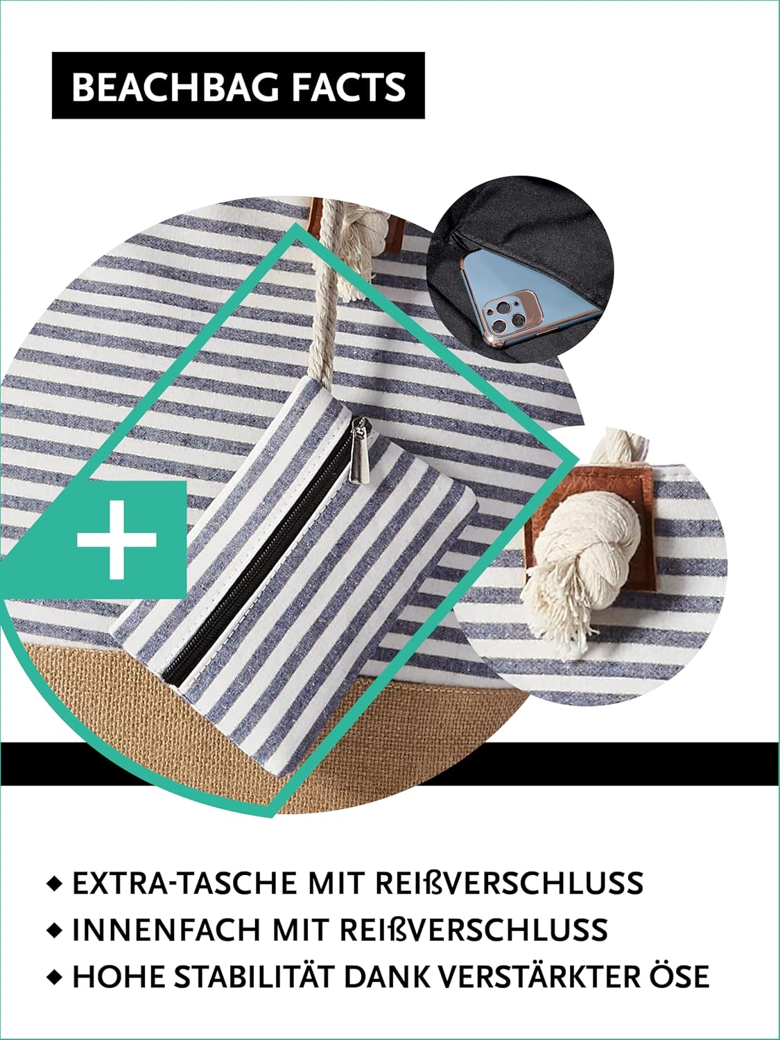 Detalle de DonDon Strandtasche mit Reißverschluss (XXL) – Shopper/Umhängetasche für Strand, Bad & Sauna