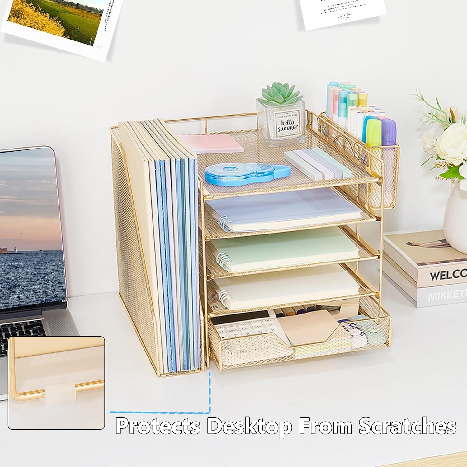 Thumbnail 6 de Gugsey 5-Tier Desk File Organizer with Drawer and Pen Holder, Gold
