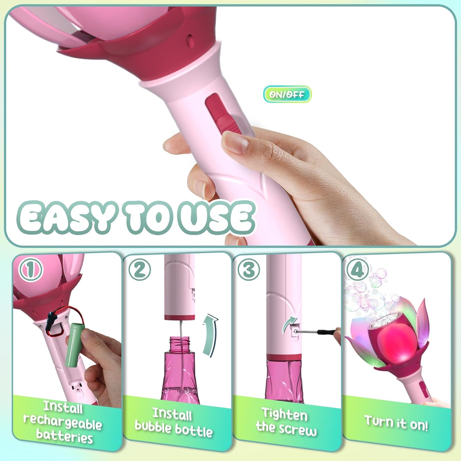 Detalle de PANACARE Blumen Seifenblasenstab – Elektrische Seifenblasenmaschine für Kinder (Pink)