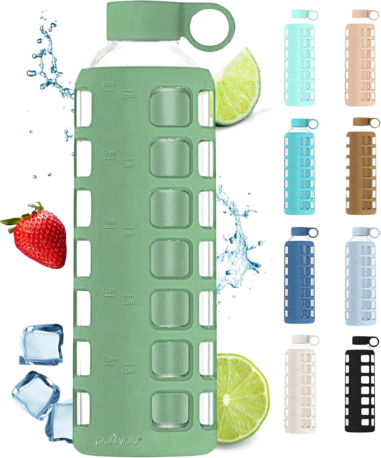 Detalle de purifyou 32oz Shale Green Borosilicate Glass Water Bottle with Time & Volume Markers