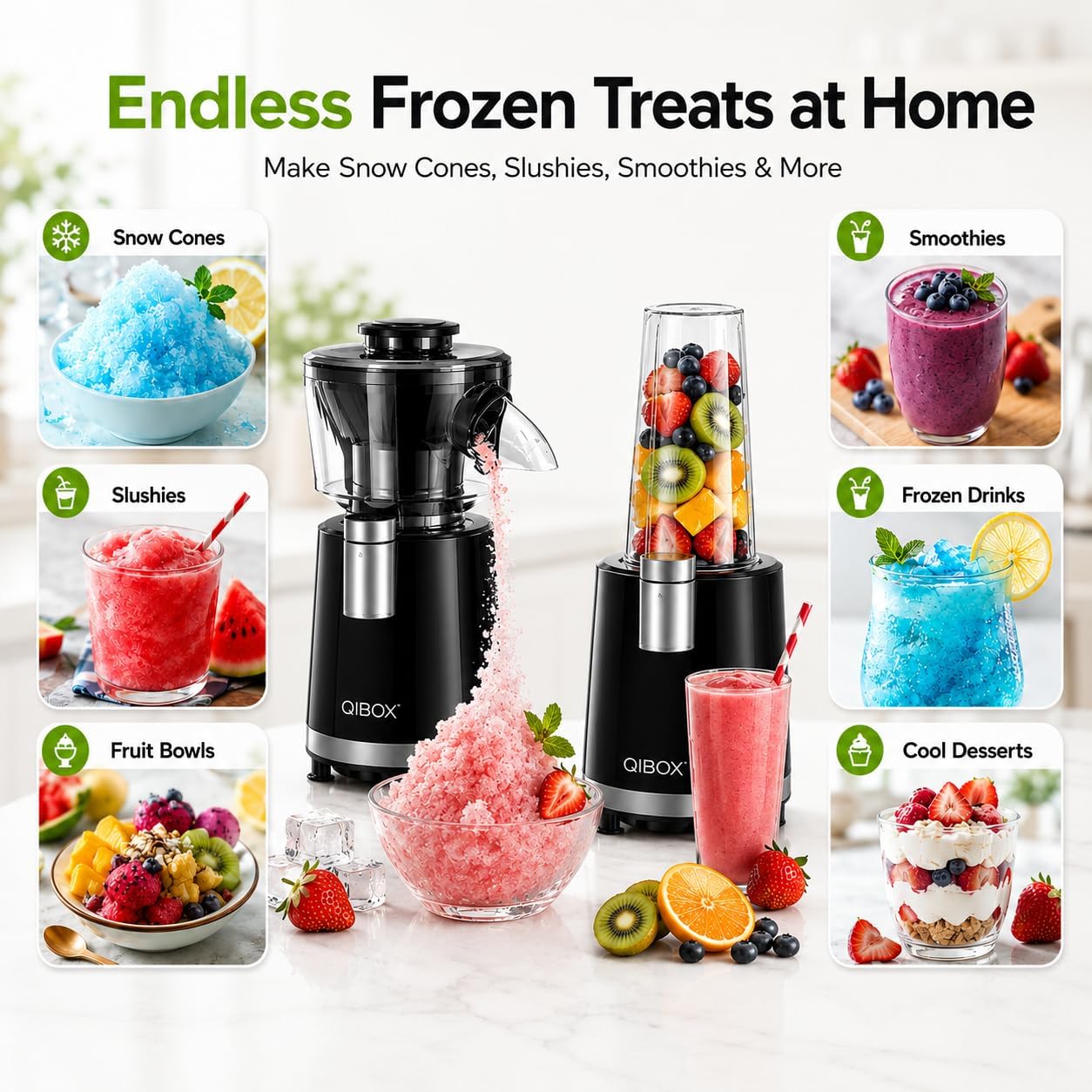 Detalle de QIBOX 2-in-1 Snow Cone Machine & Smoothie Blender 700W: A Practical Home Kitchen Workhorse