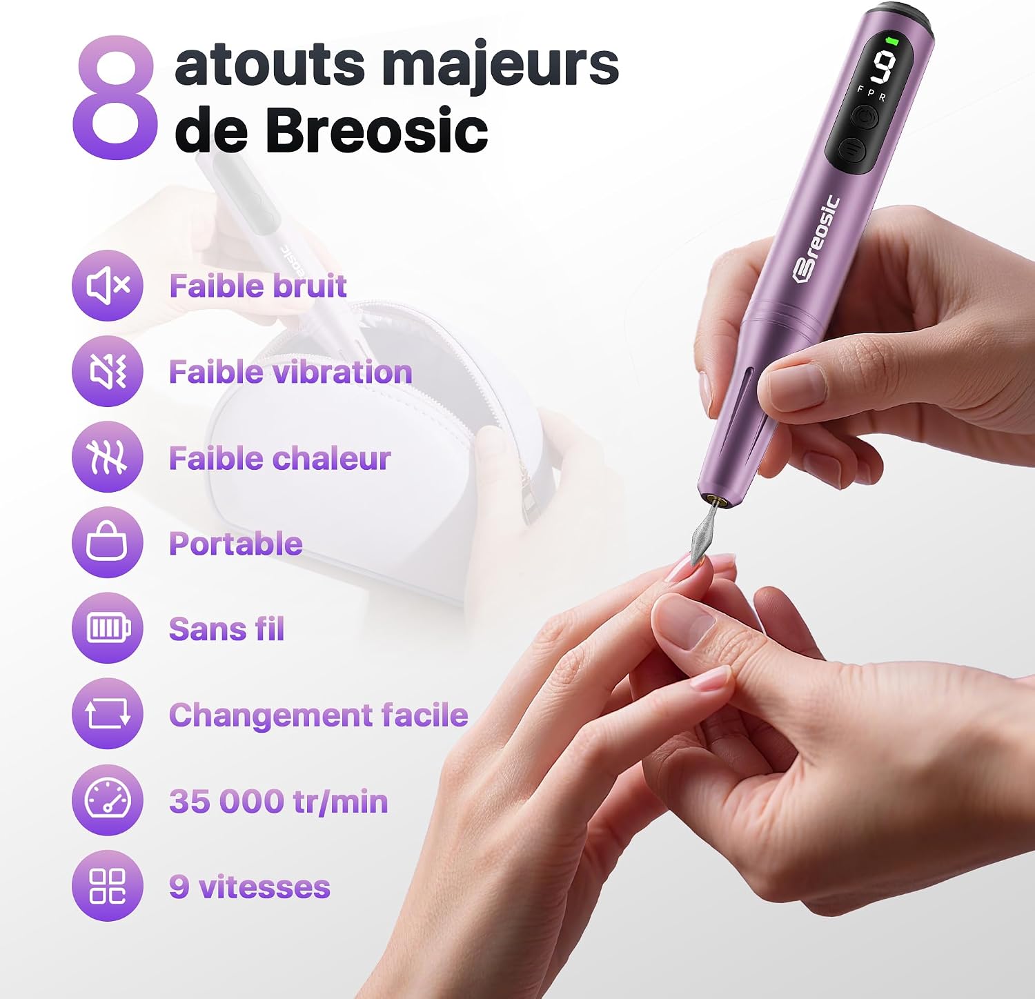 Detalle de Breosic Ponceuse pour Ongles Professionnel – Lime à Ongle Électrique Violet