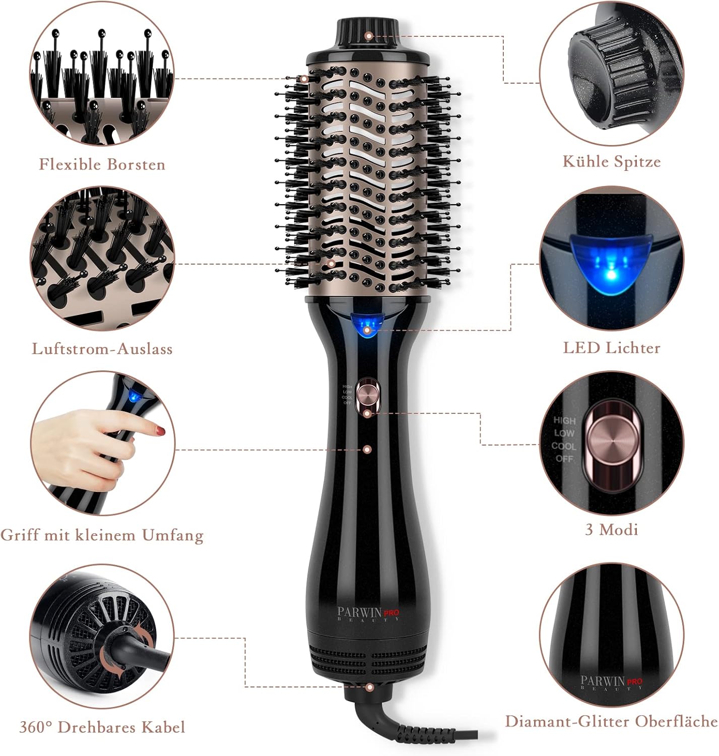 Detalle de One-Step Hair Dryer Brush 4-in-1 Hot Air Styler with Ionic & Ceramic Technology (Mid to Long Hair) – Black