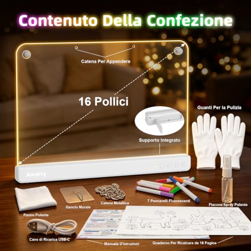 Detalle de Awatty Lavagna da Disegno a LED (Bianca) – creatività luminous con supporto e kit completo