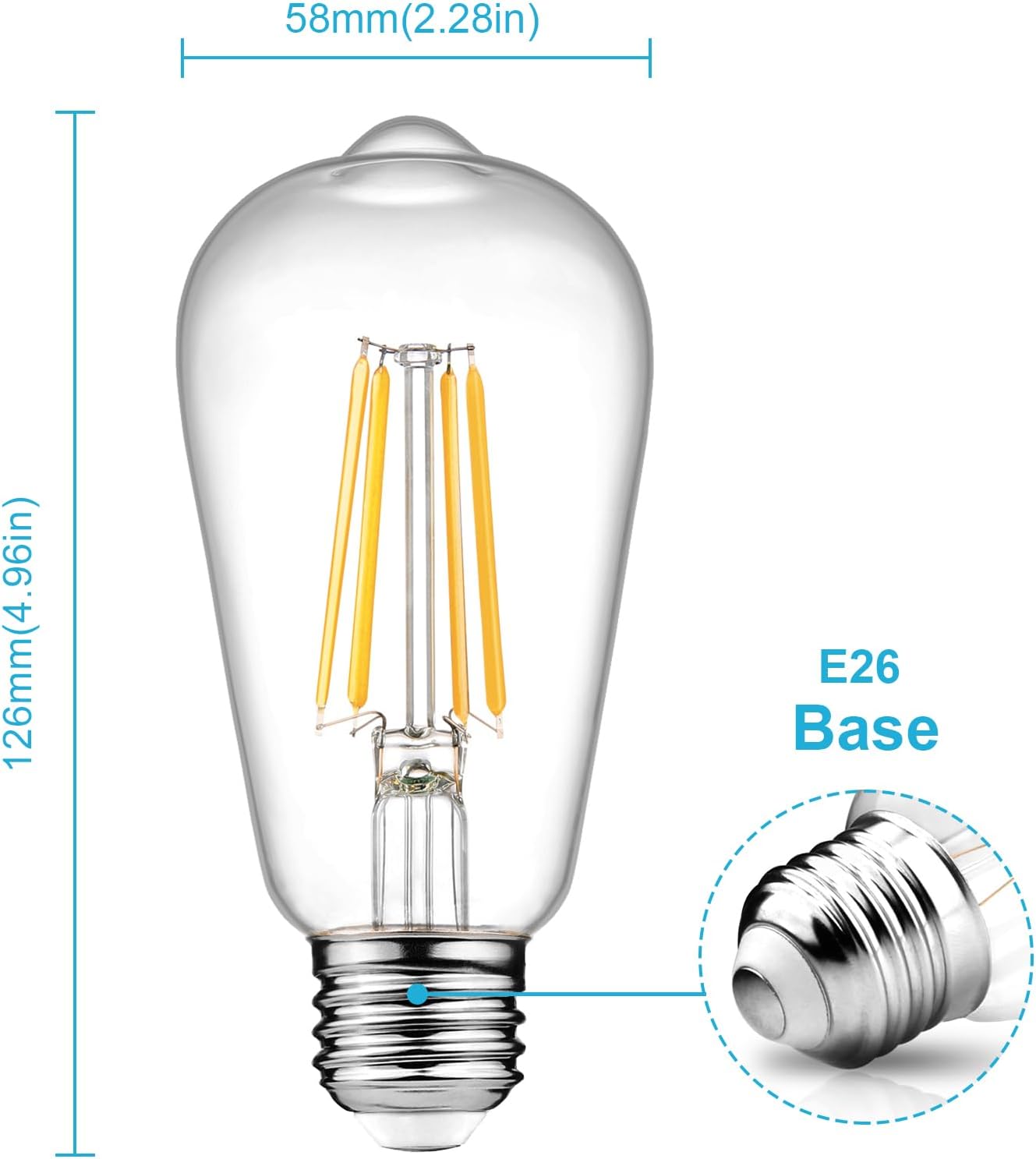 Detalle 2 de Ascher 6xst58dim2700k ST58 Vintage LED Edison Bulbs, Dimmable, 6W, E26
