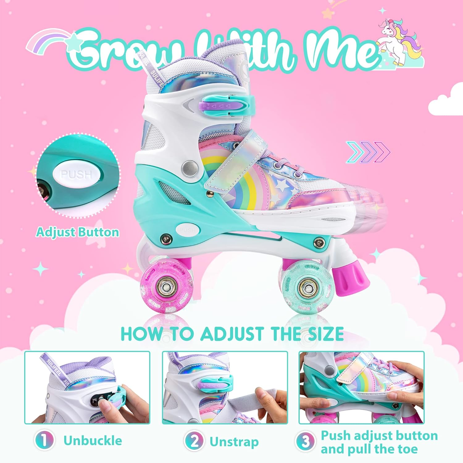 Thumbnail 1 de SULIFEEL Rainbow Unicorn Adjustable Roller Skates (4 Sizes) for Kids 3–12