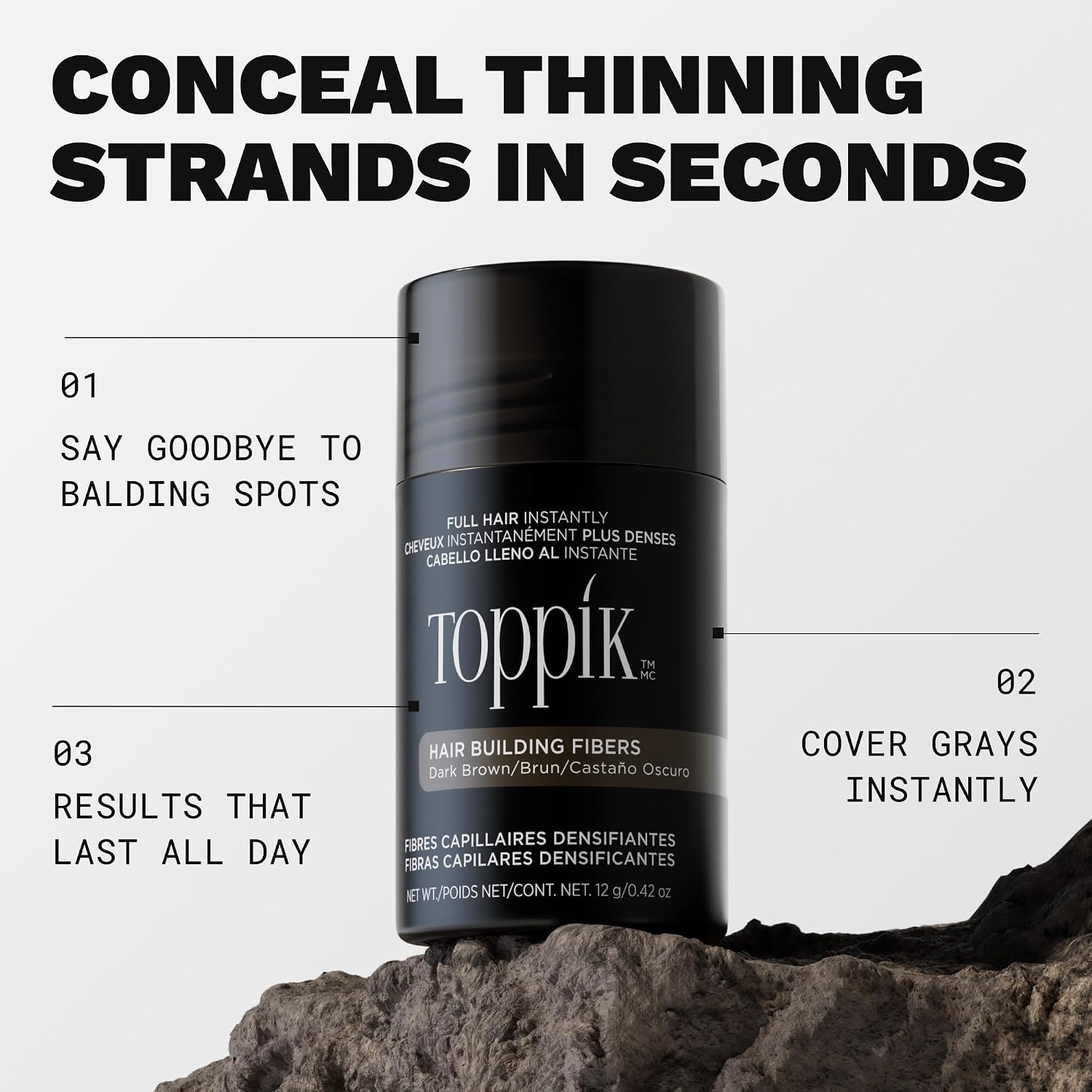 Detalle de TOPPIK Fibres capillaires densifiantes à la kératine, Brun – couvrance naturelle pour racines, ligne frontale et barbe