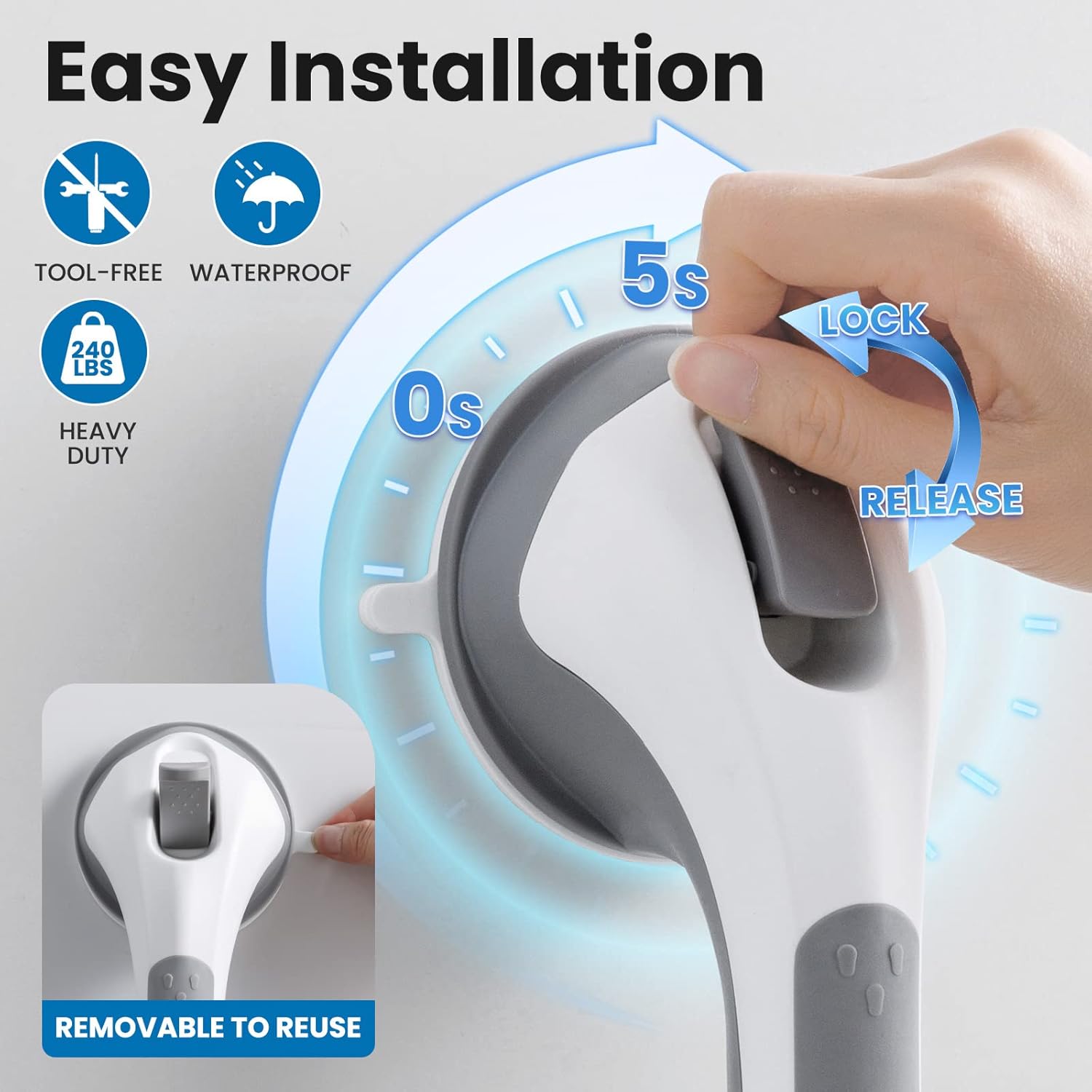 Thumbnail 3 de LEVERLOC Shower Grab Rails, 43 cm Suction Grab Bar (Grey) – No Drilling, Suction Safety Handle for Bathtub & Shower