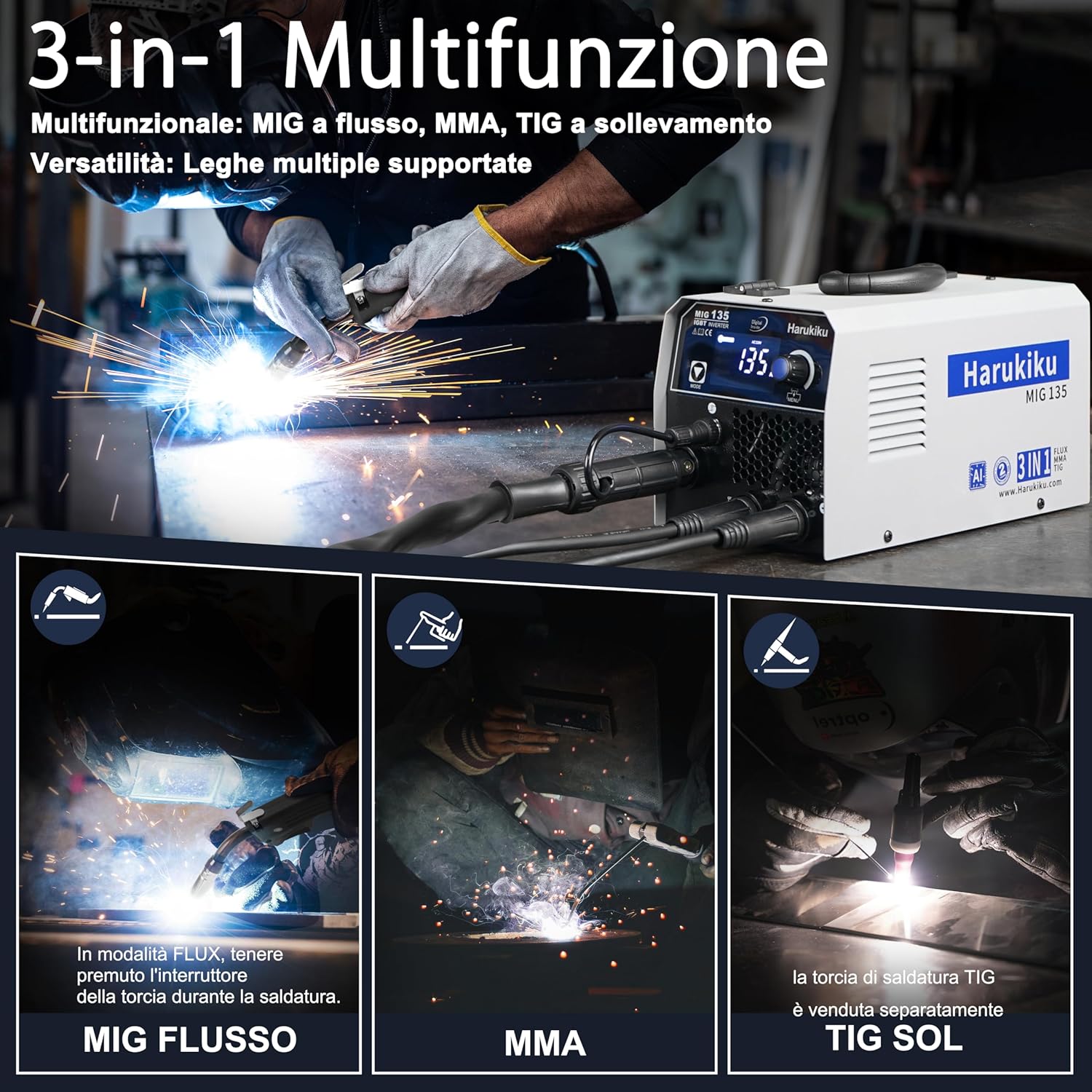 Detalle de Harukiku135 saldatrice a filo continuo: 3-in-1 per uso domestico e professionale (MIG/MMA/Lift TIG)
