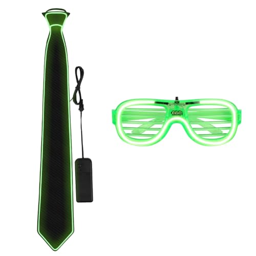 Detalle 2 de Alaoo Gafas LED Luminosas y Conjunto de Corbata y Pajarita Luminosas – Verdes