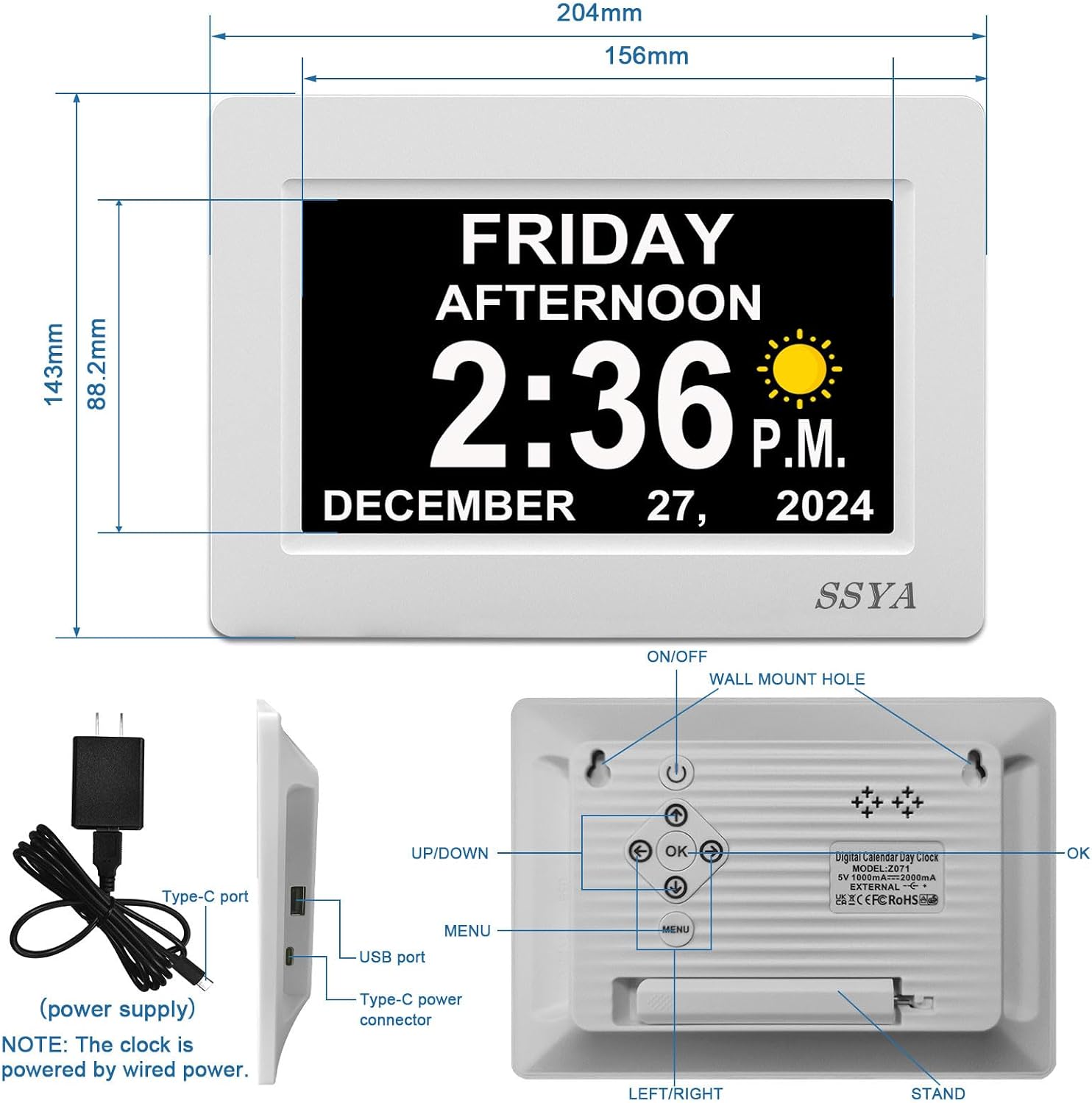 Detalle 2 de SSYA Digital Calendar Alarm Clock 7-inch