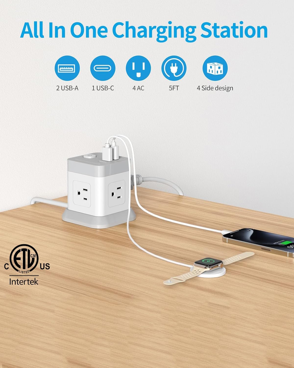 Detalle 2 de FDTEK Flat Plug Power Strip with USB (4 AC Outlets, 3 USB including USB-C) and Overload Protection, 5 ft