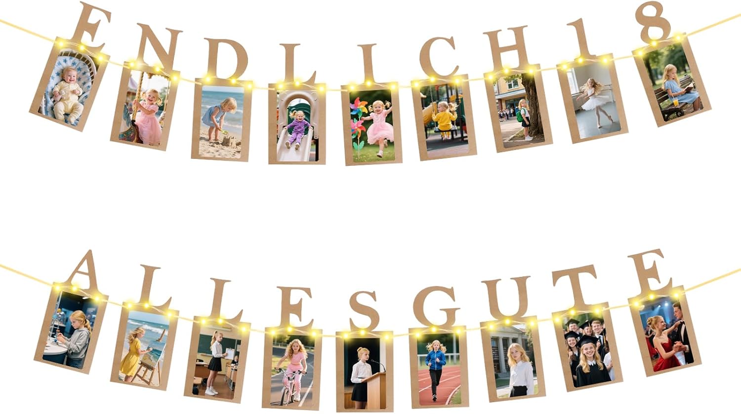 Thumbnail 4 de Seutgjie Fotogirlande zur Jugendweihe mit LED-Lichterkette und 15 Glitzerkarten für Fotos „Endlich Erwachsen“