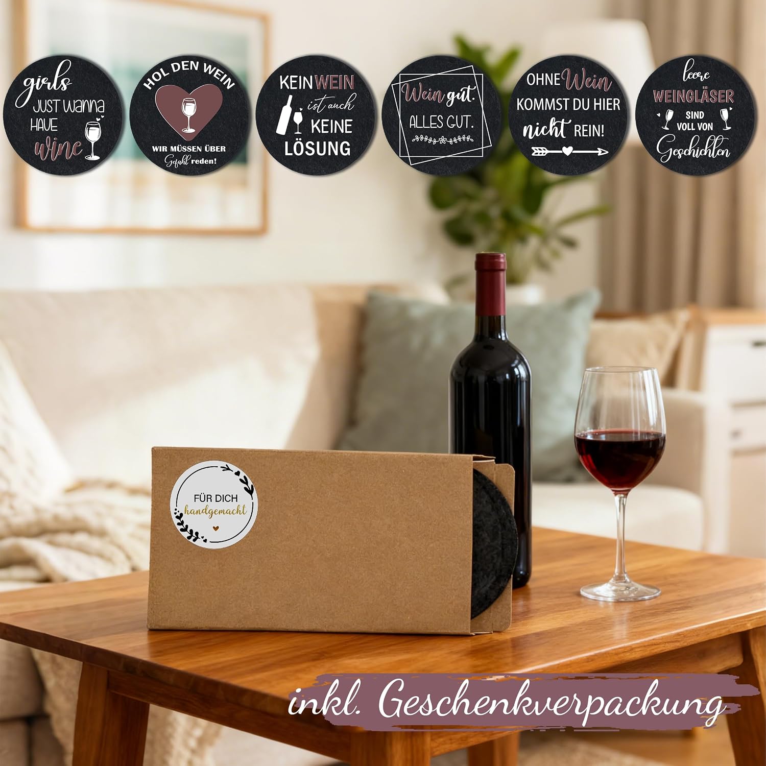 Detalle 1 de Filz-Untersetzer mit lustigen Sprüchen – 6er Set