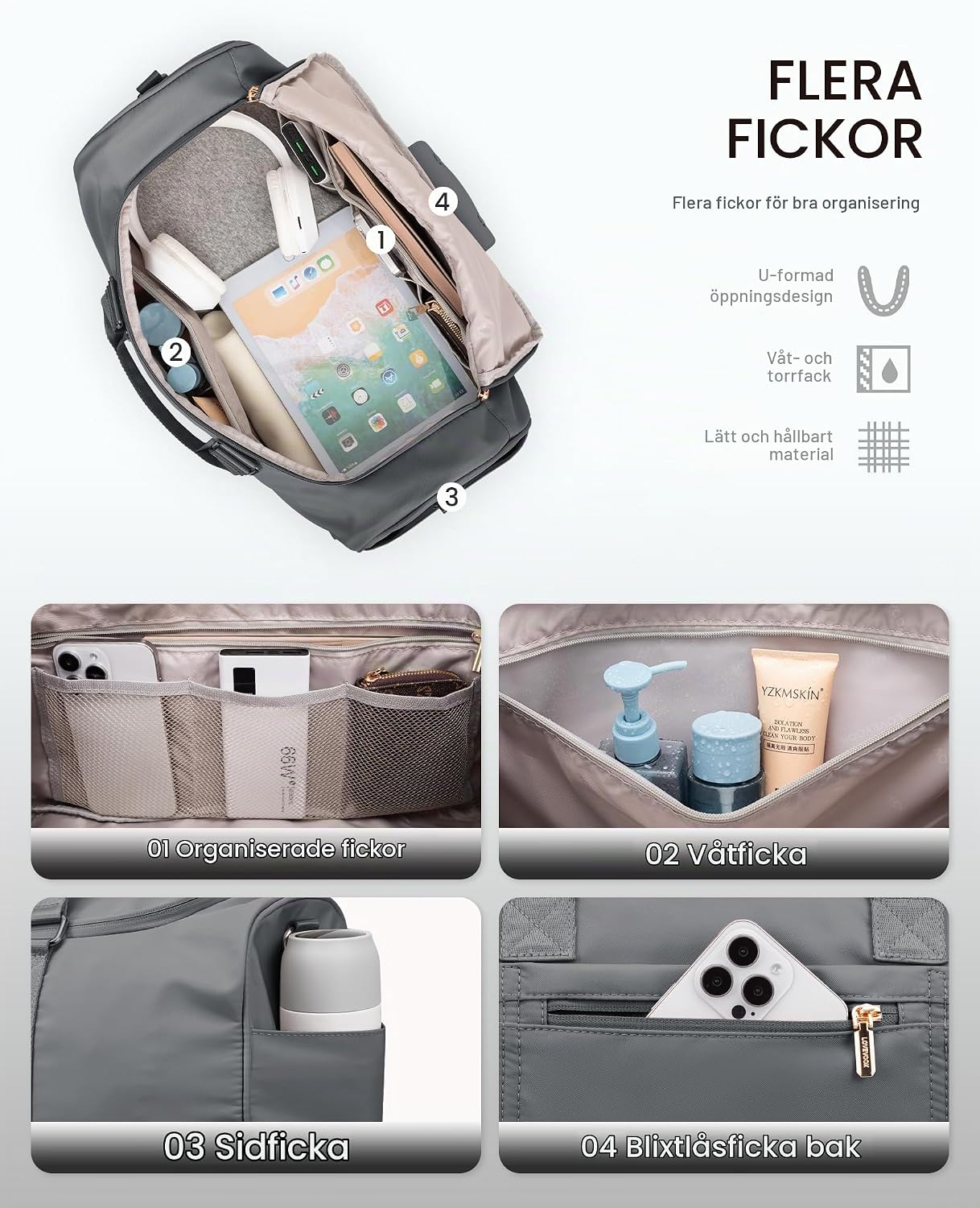 Detalle de LOVEVOOK sport- och weekendväska, 35–40 l med skofack och våtfack