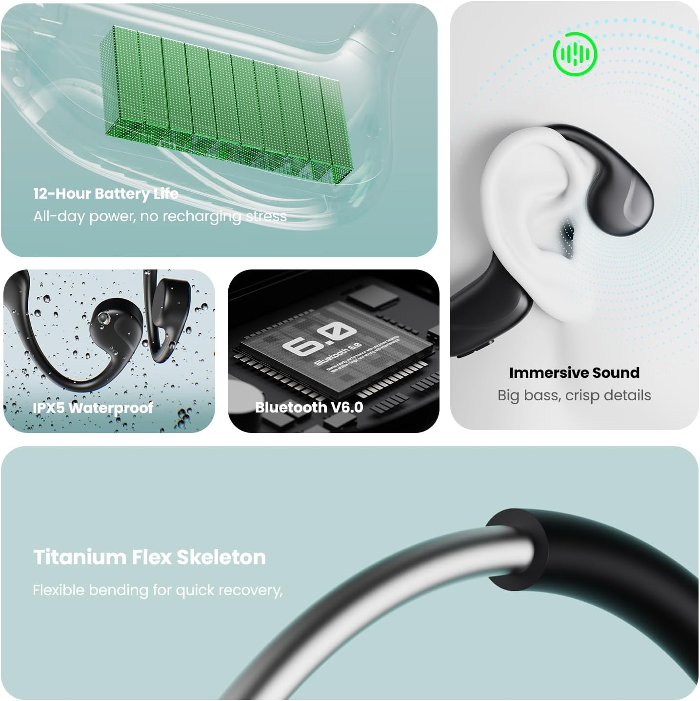 Thumbnail 6 de Pupabiflor Bone Conduction Headphones (IPX5) with Mic, Wireless Bluetooth V6.0 Sports Earphones