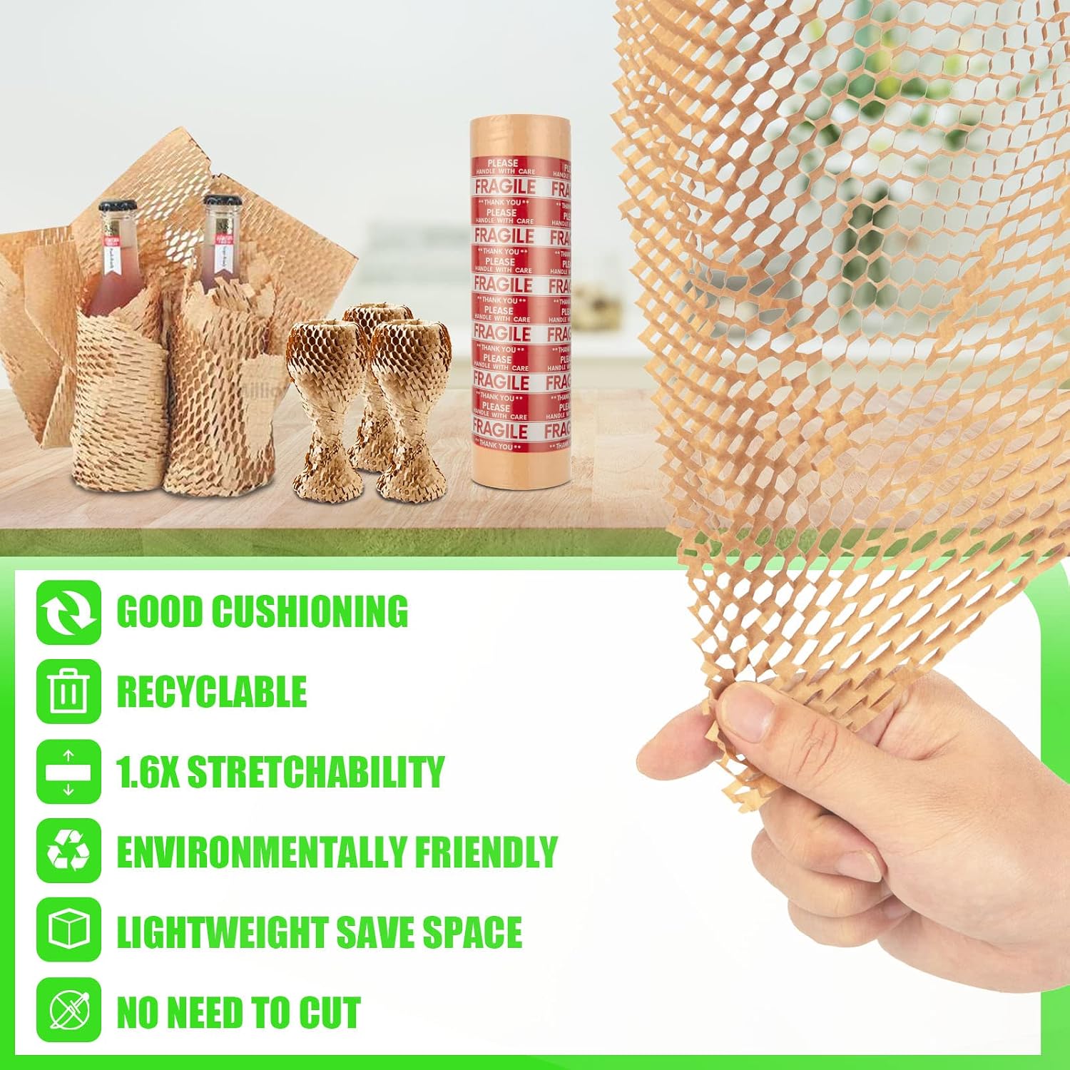 Thumbnail 5 de MINHAO Brown-S1 Honeycomb Packing Paper Roll, 15" x 165', 36 Fragile Labels