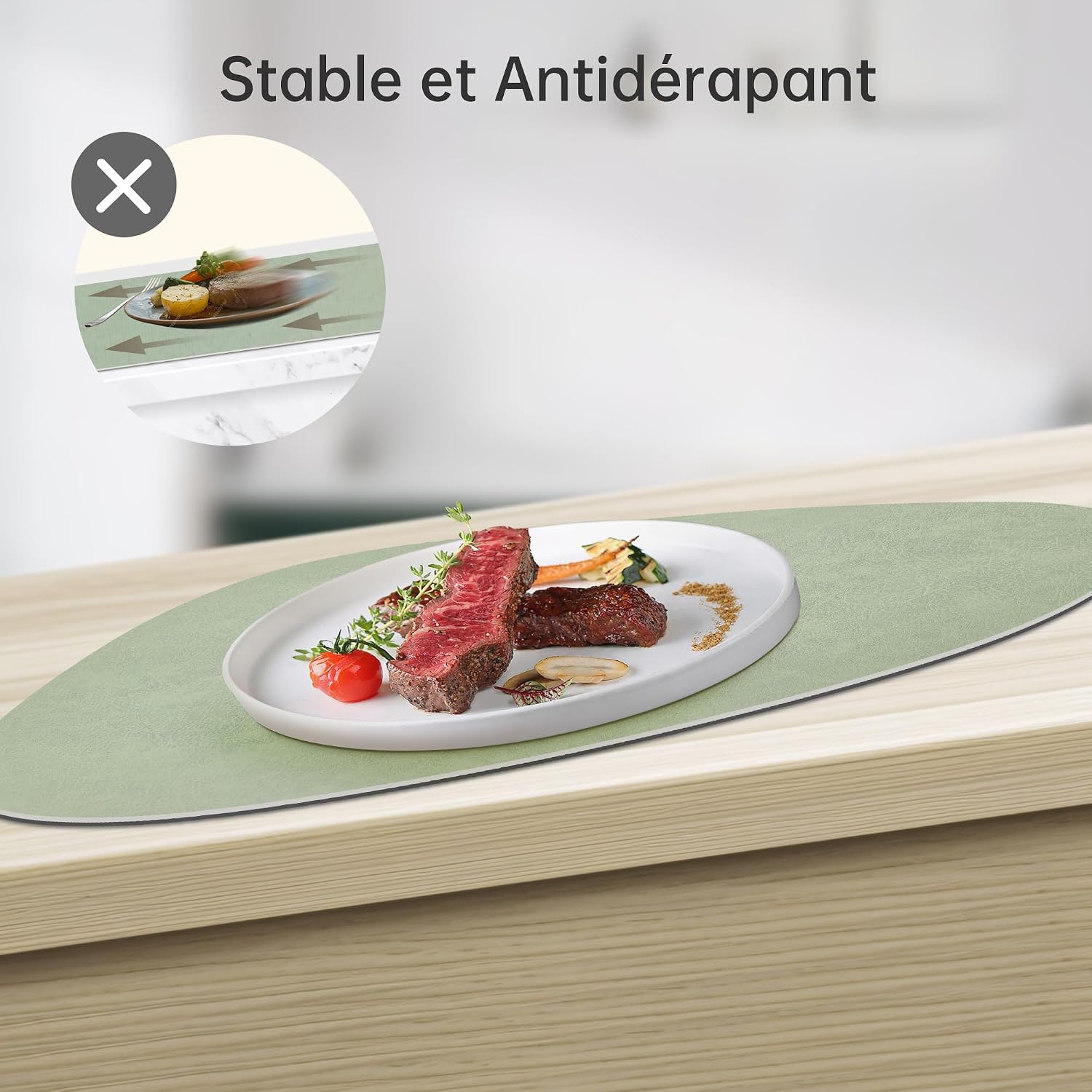 Detalle de KitchenBoss Set de Table Lavable et Dessous de Table Double Face – Vert Gris (6× 40x30 cm) + 6 Sous-verres