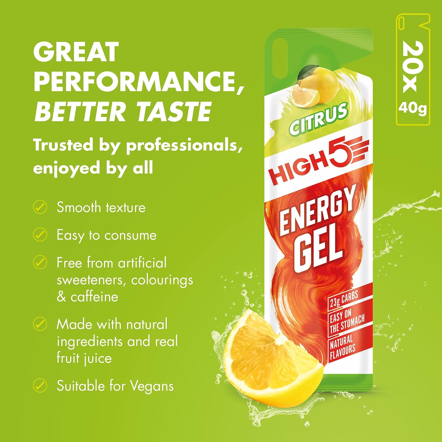 Thumbnail 3 de HIGH5 Running Gels Citrus (caffeine-free) – 23g carbs energy gel, 20 x 40g sachets