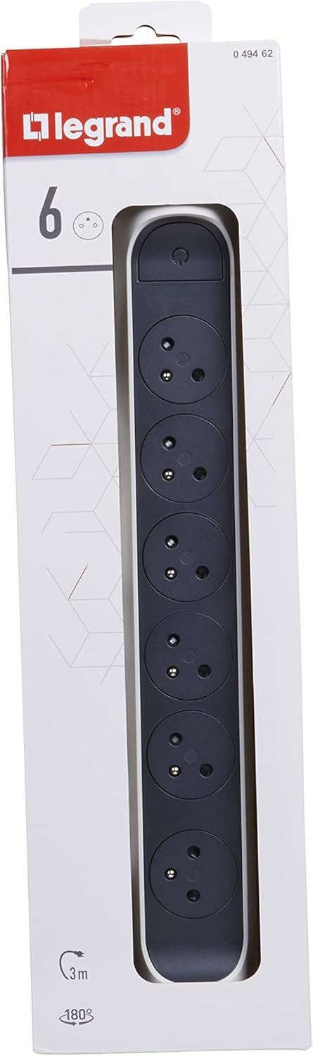 Thumbnail 1 de Legrand multiprise rotative avec interrupteur et voyant LED — 6 prises surface avec terre, cordon 3 m (blanc & gris foncé)