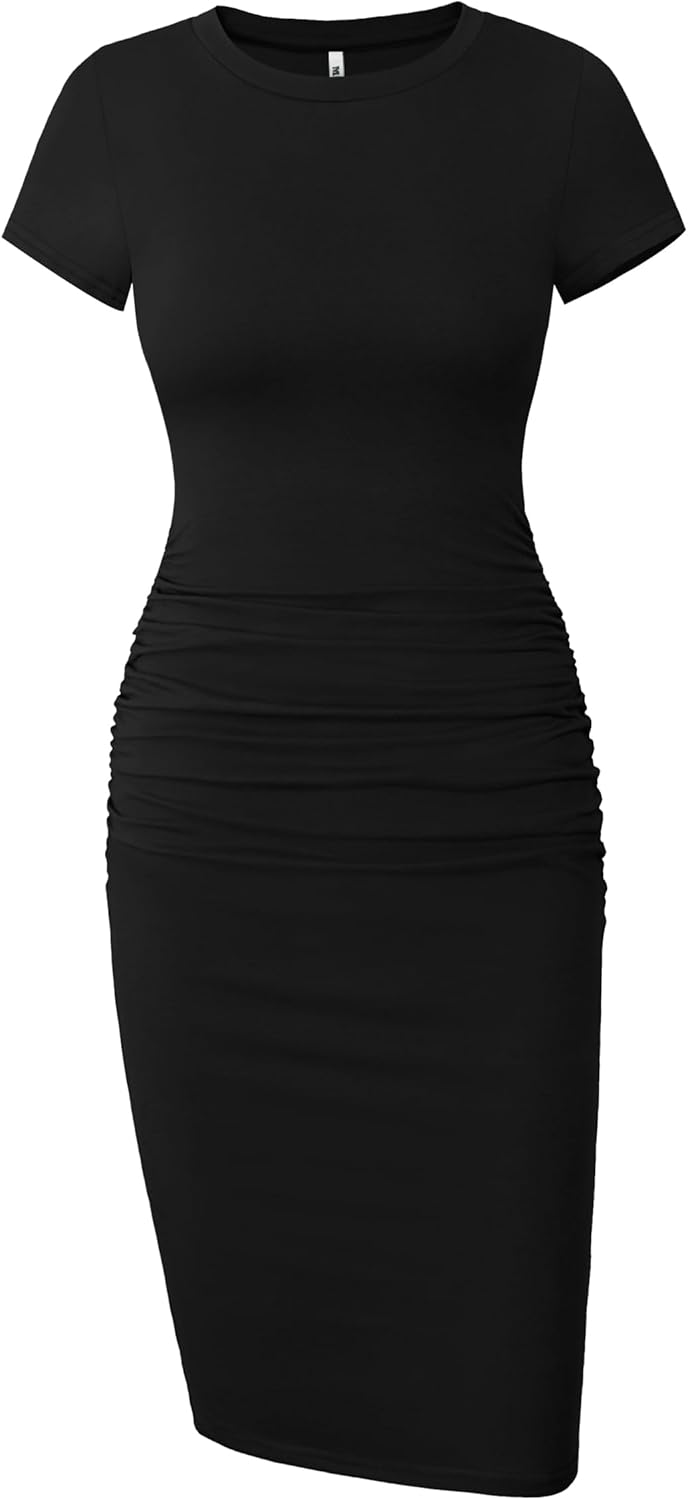 Detalle de Missufe Women's Short Sleeve Ruched Casual Sundress Midi Bodycon T Shirt Dress