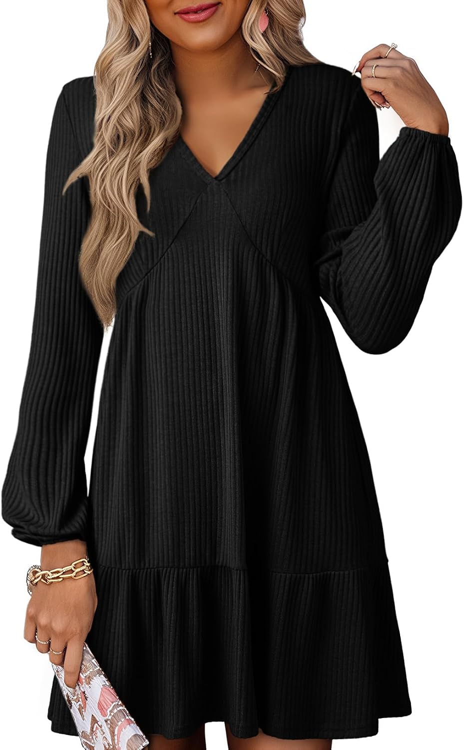 Detalle de Dokotoo WGLW6124781-P Women's Ribbed Knit Mini Dress, Long Sleeve V-Neck