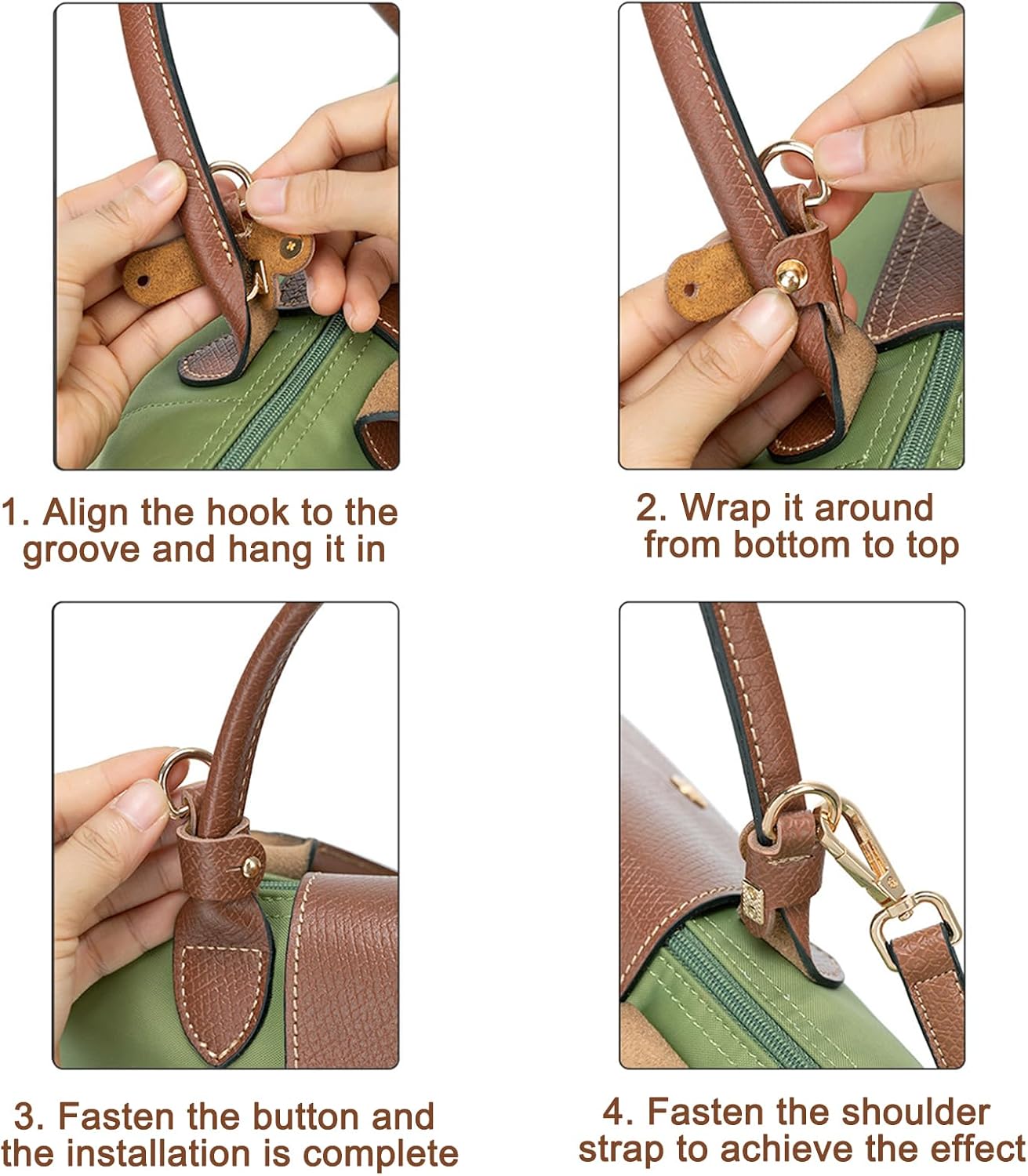 Detalle de FLYAMAPIRIT Schultergurt für Longchamp Taschen – 1,2 cm Lederersatzgurt, verstellbar 93–120 cm, Cognac + Silberhaken