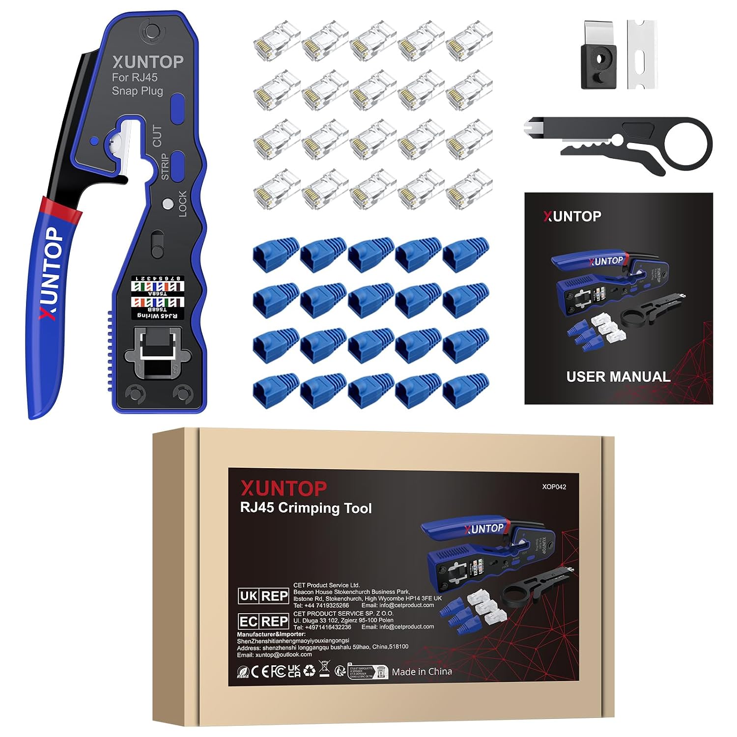 Thumbnail 6 de XUNTOP Pinza crimpatrice RJ45 pass-through con 20 connettori Cat6 dorati e accessori