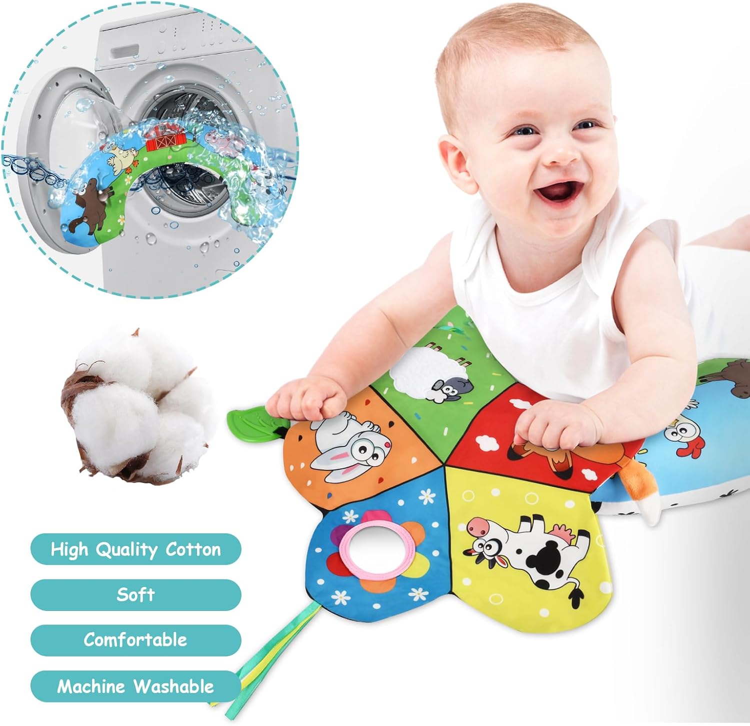 Thumbnail 4 de Vicloon Tummy Time Pillow with Mirror and Teether — Black & White High Contrast Baby Toy Set (Farm) for 0–6 Months
