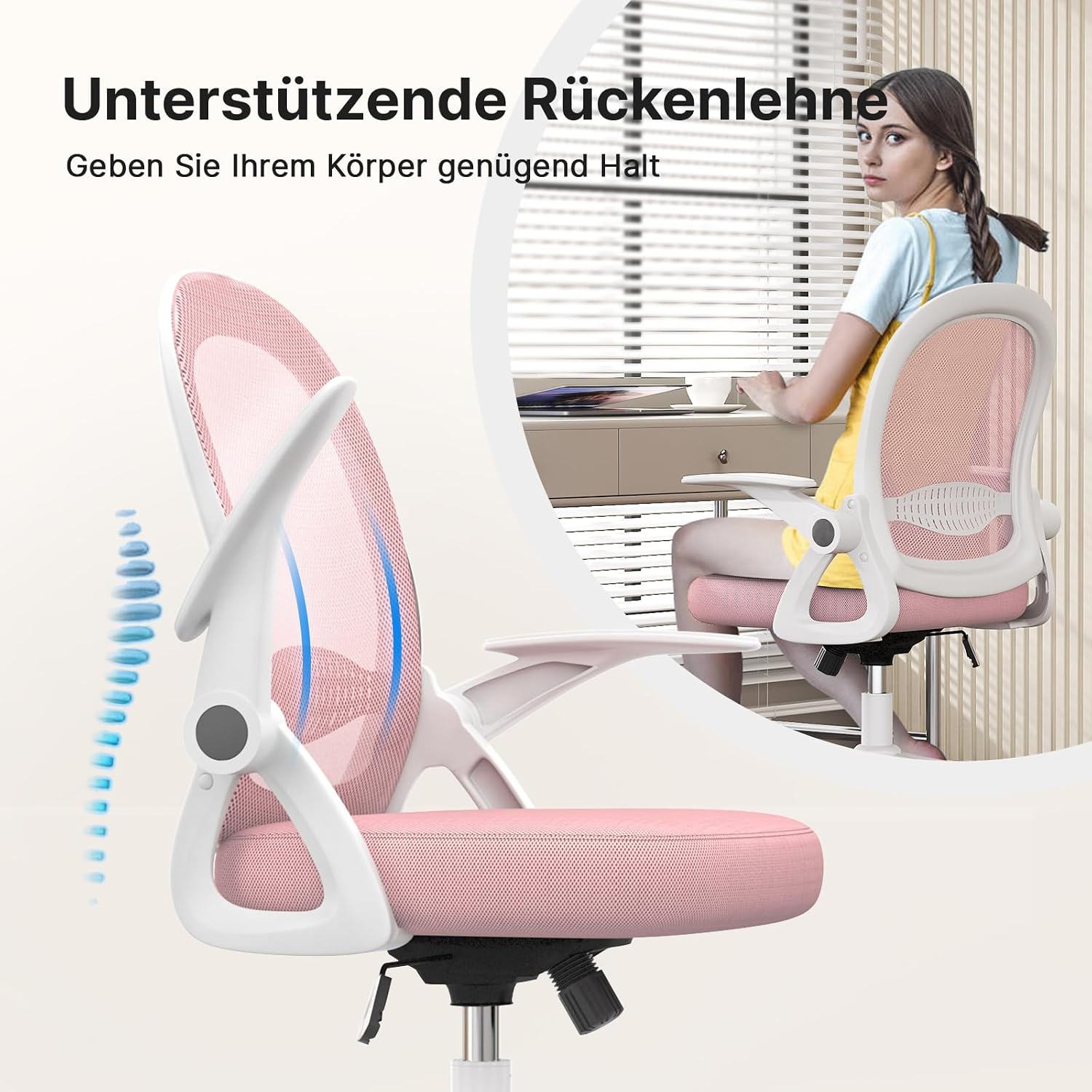 Detalle 2 de naspaluro Bürostuhl mit atmungsaktiver Mesh-Rückenlehne, höhenverstellbaren Sitz und 90° hochklappbaren Armlehnen (rosa)