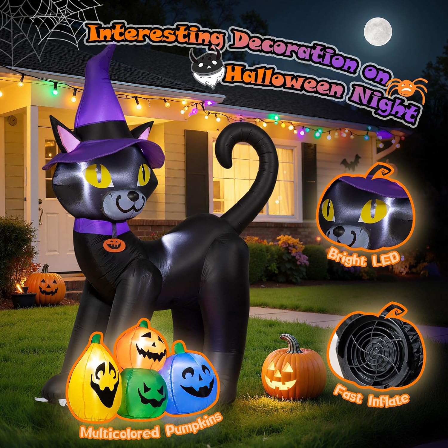 Detalle de Dawdix 6FT Halloween Inflatable Black Cat with Witch Hat, LEDs and Pumpkins