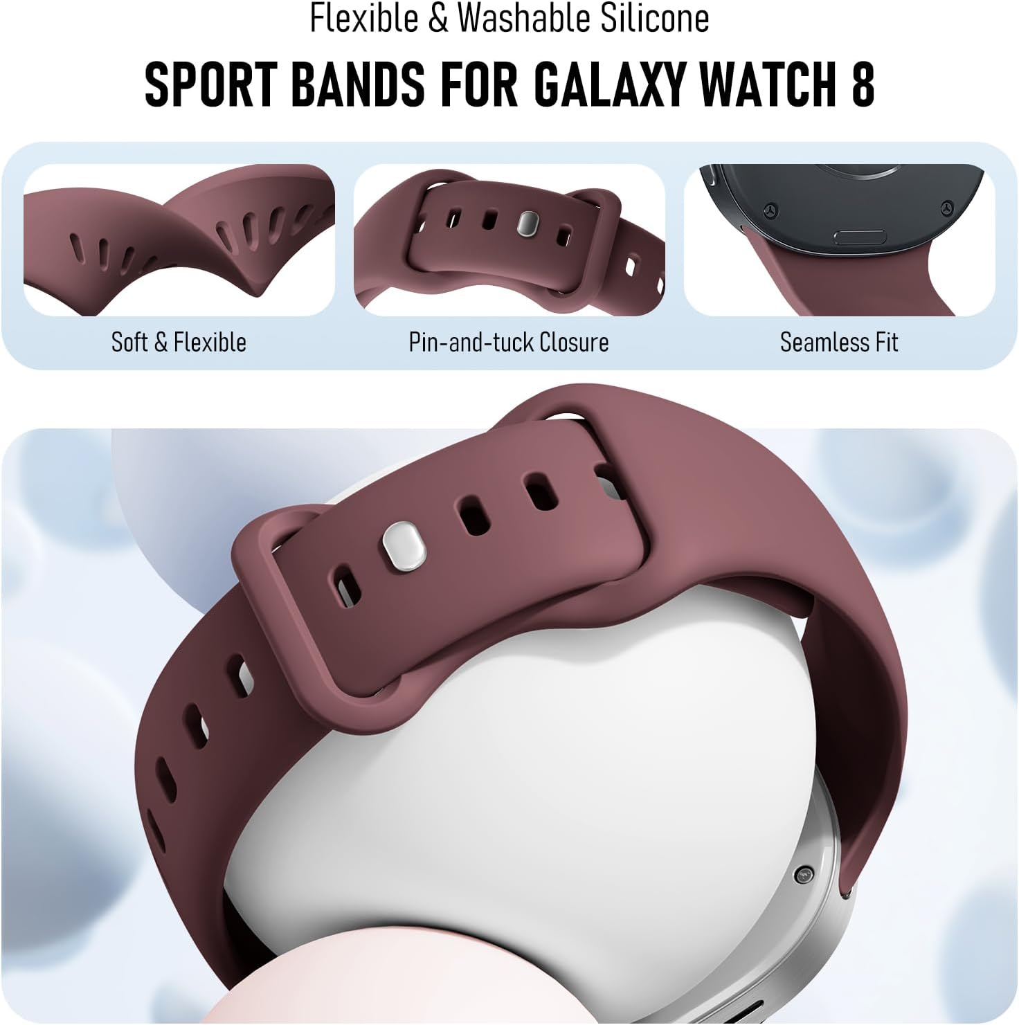 Detalle de Sport Silicone Band for Samsung Galaxy Watch 8 (40mm/44mm) & Galaxy Watch 8 Classic (46mm) – Soft, Waterproof, Easy-Install Strap