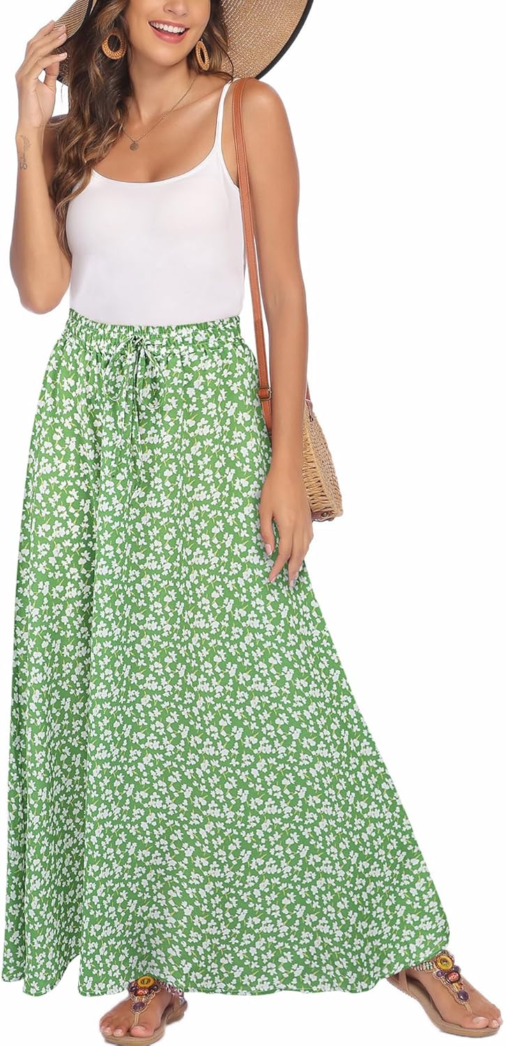 Detalle 2 de Bluetime Women Flowy Long Skirts – Pleated Elastic High Waist Maxi for Summer