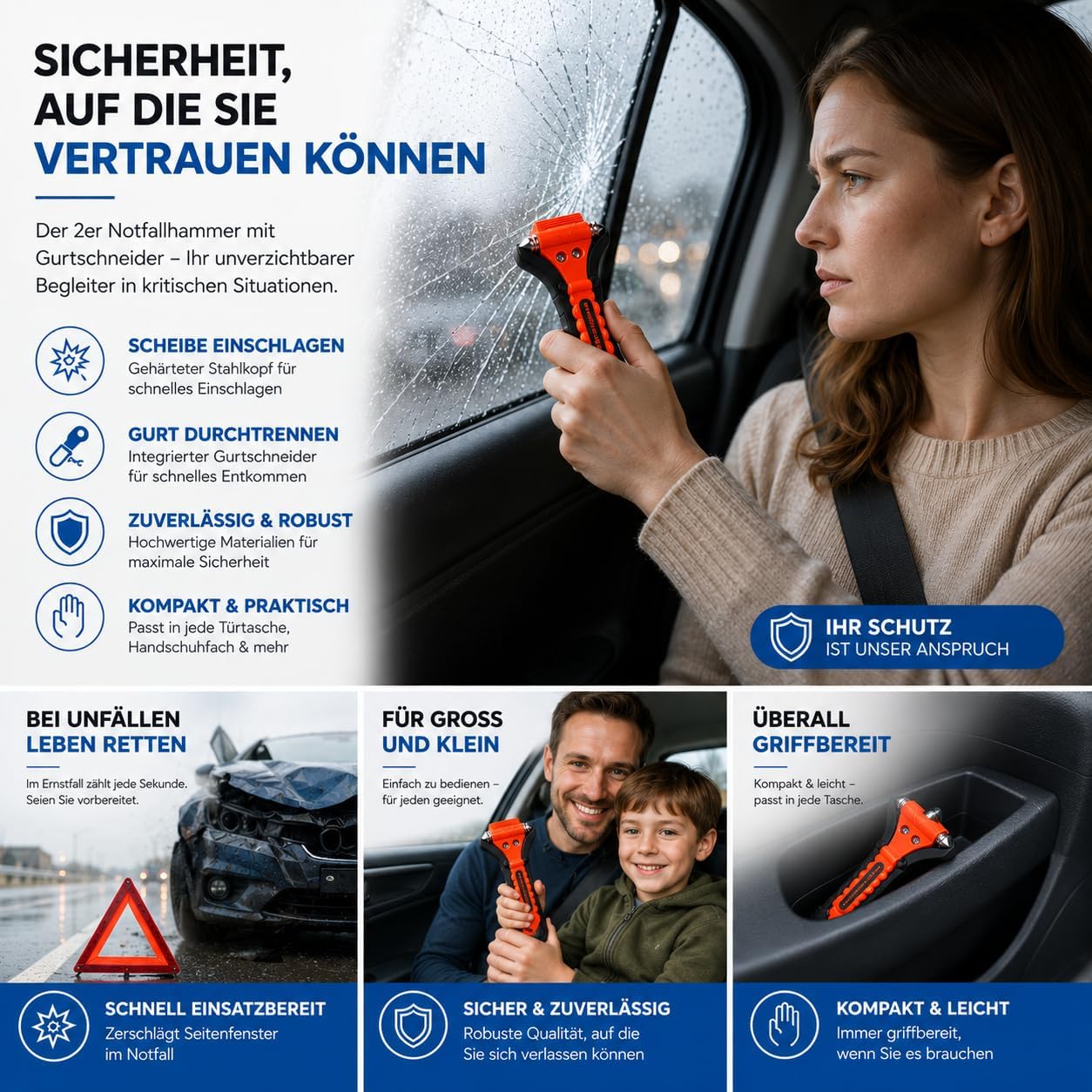 Thumbnail 2 de 2er Notfallhammer Autozubehör Set mit Gurtschneider – lebensrettendes Werkzeug für Auto, Pkw, LKW