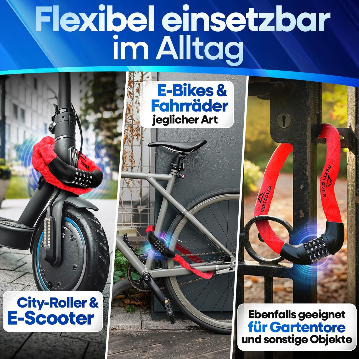 Thumbnail 4 de NEXTCOVER LockOne Fahrradschloss mit Zahlencode – 90 cm Edelstahl-Kettenschloss mit SafeSecure
