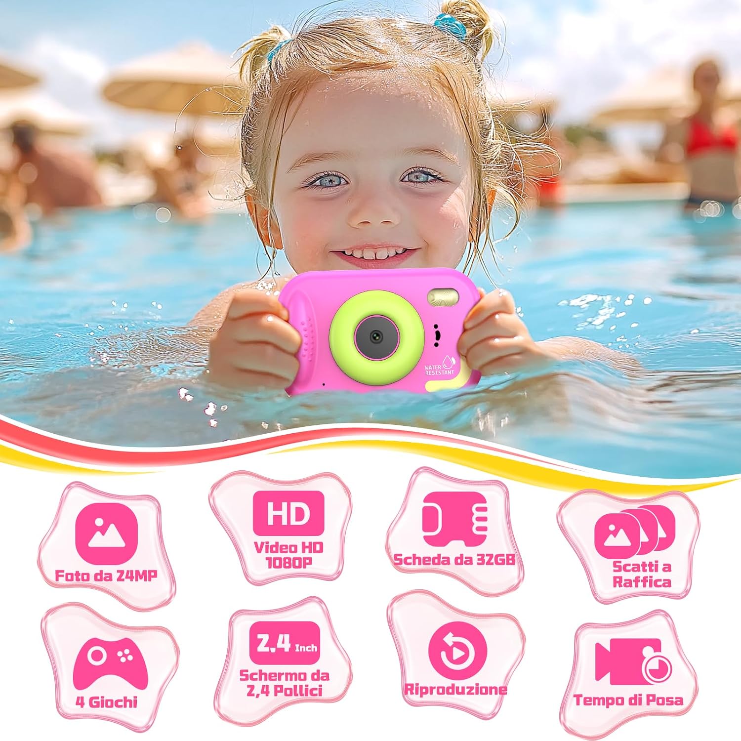 Detalle de CHAKEYAKE Fotografica Bambini 1080P IP67, 32GB – Fotocamera subacquea per piscine e mare