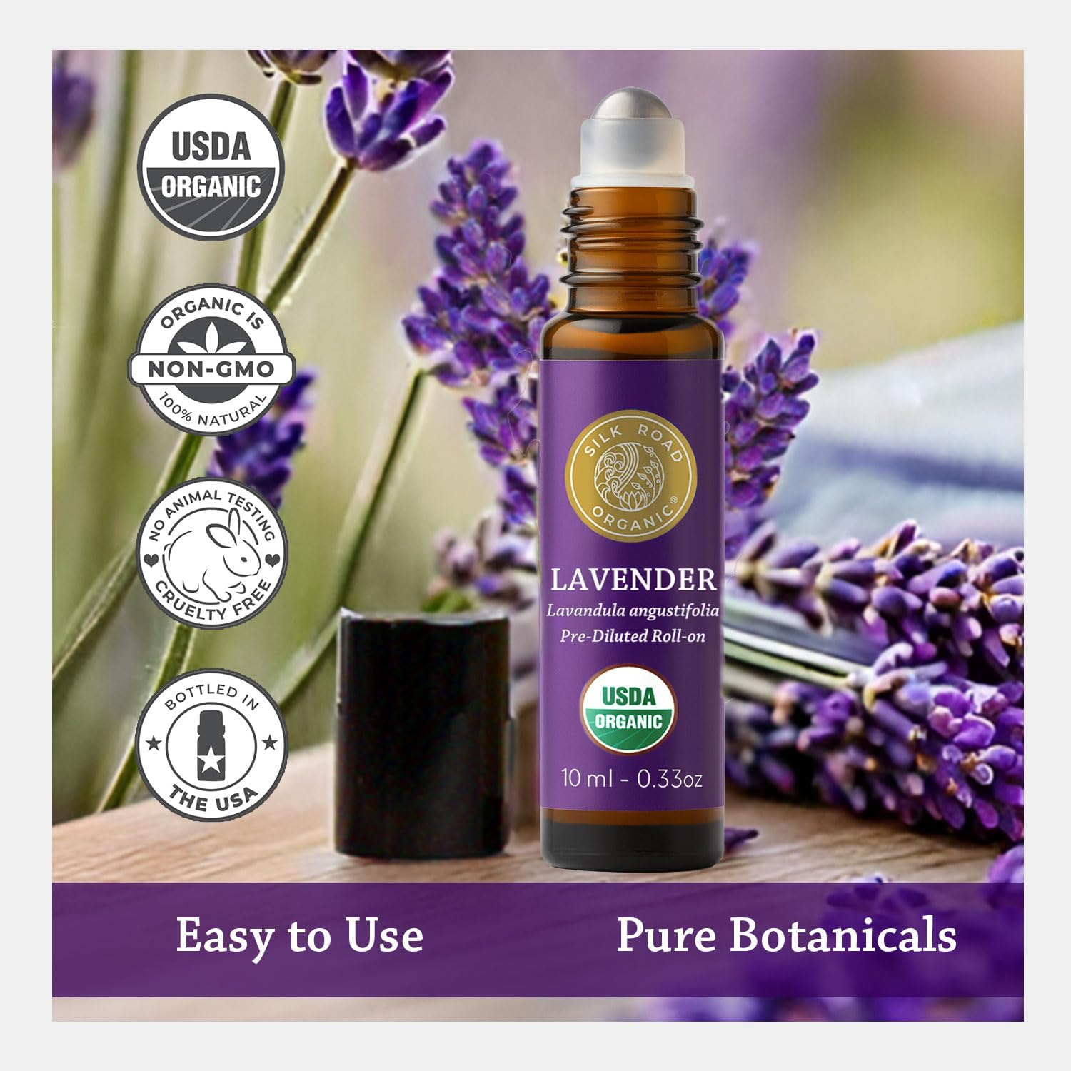 Detalle de Silk Road Organic Lavender Essential Oil Roll-On (10 ml) — Stress Relief, Sleep, Calm & Relaxation