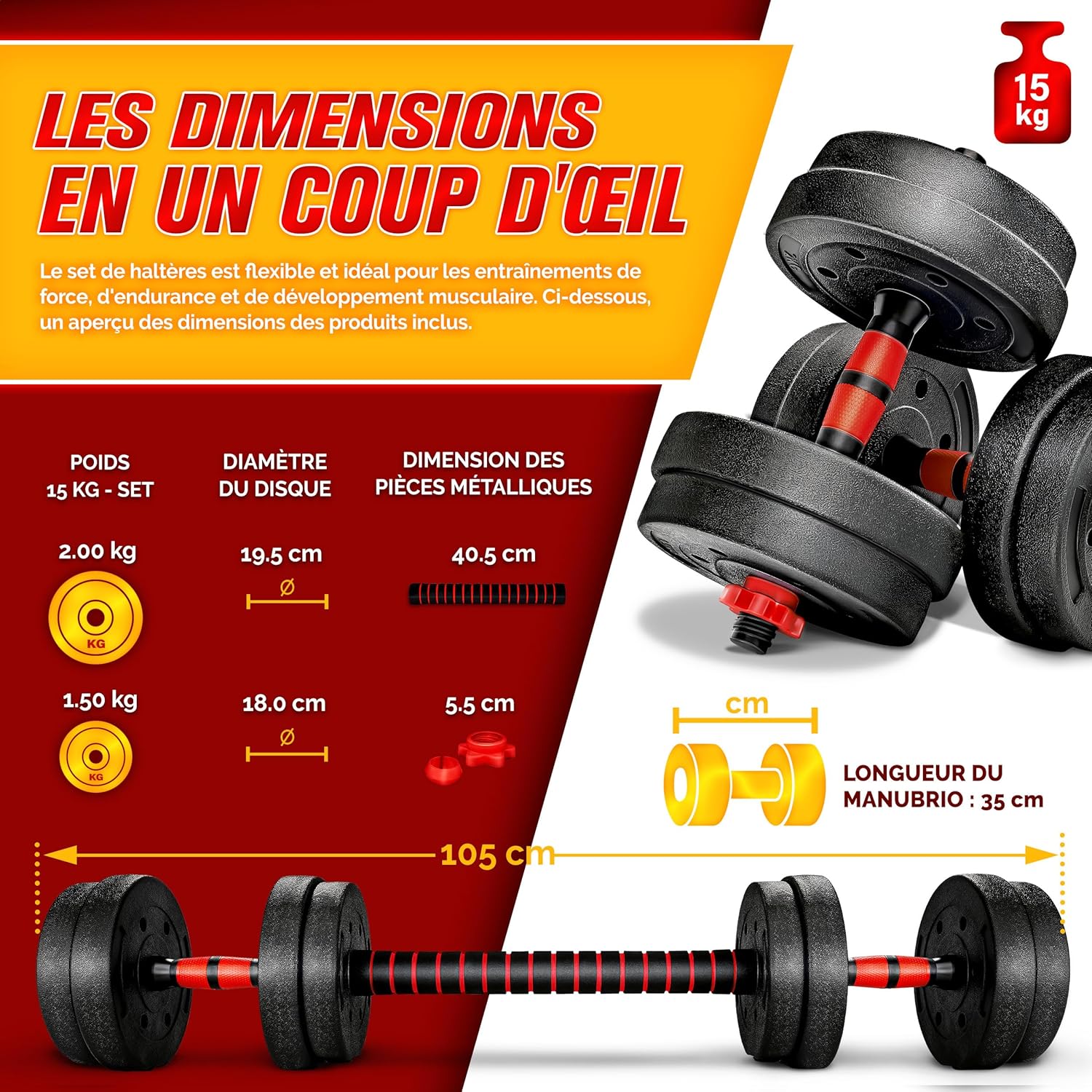 Thumbnail 3 de RE:SPORT Ensemble d’haltères 2 en 1 15-40 kg — haltères courts et longs, sécurité et confort