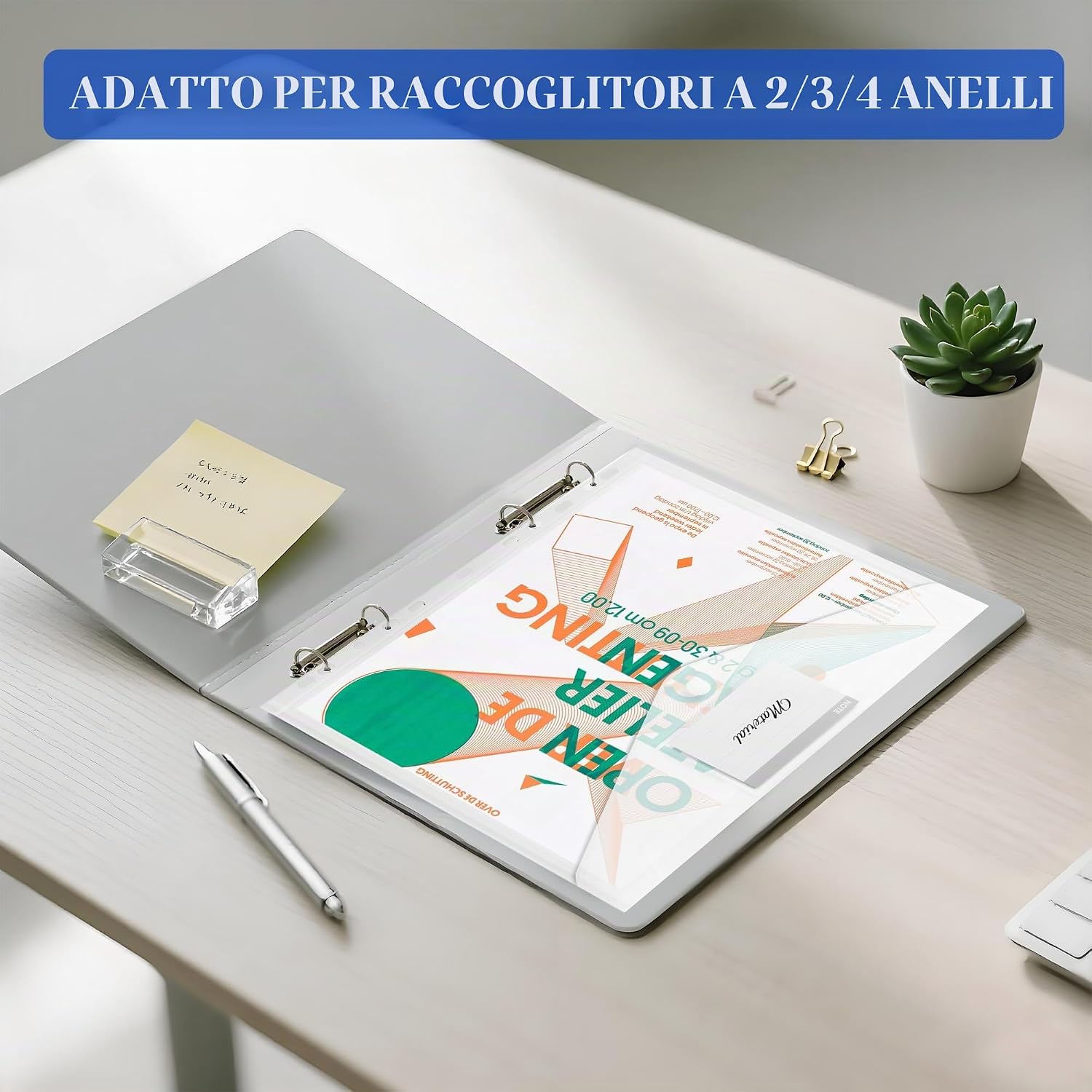 Detalle de 30 buste trasparenti A4 perforate espandibili con 11 fori per raccoglitori e chiusura in velcro