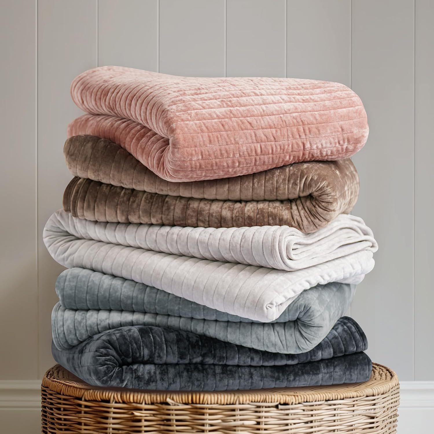 Thumbnail 6 de EVERGRACE Velvet Quilt Set (King Size) in Blue Linen — Luxurious Soft Striped Channel Bedding with 2 Shams