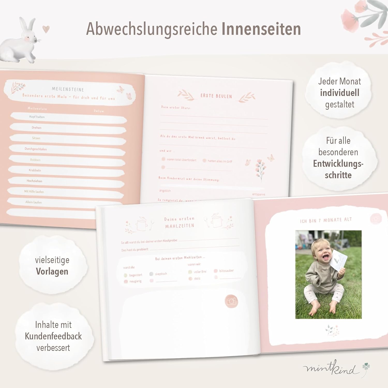 Thumbnail 2 de mintkind® Mein erstes Jahr Babyalbum Blumen rosa – zartes Babytagebuch mit 176 Seiten & Sticker-Set (Hardcover, 21 x 21 cm)