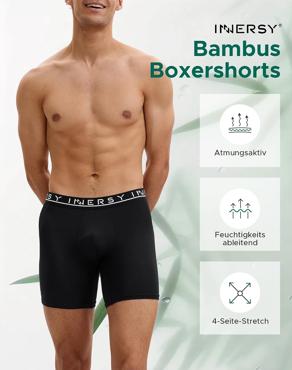 Detalle de INNERSY boxershorts i bambu för herr, 4-pack luftiga sportunderkläder