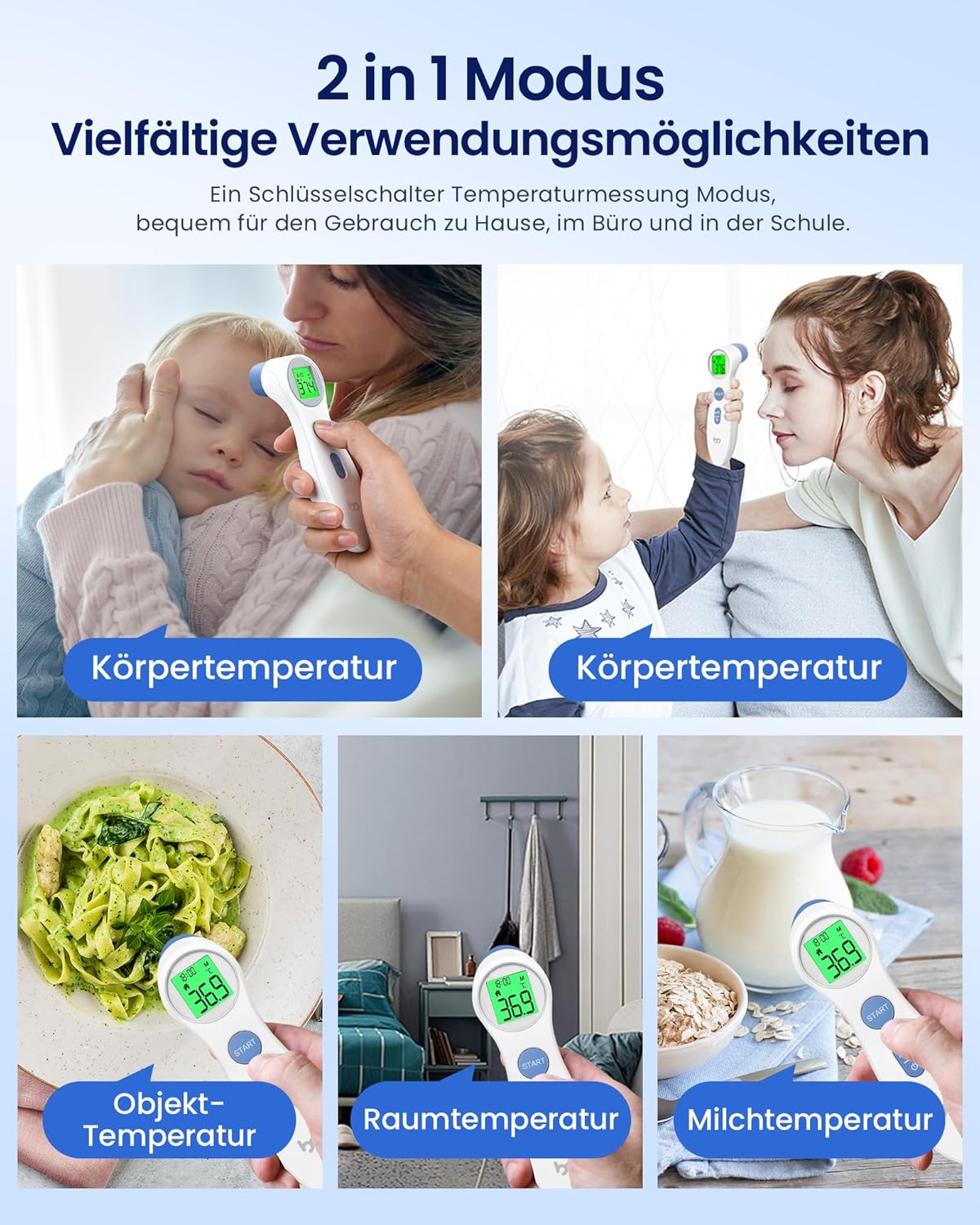 Detalle de Kontaktloses Infrarot-Stirnthermometer für Babys, Kinder & Erwachsene – digitales Fieberthermometer mit Fieberalarm (weiß)