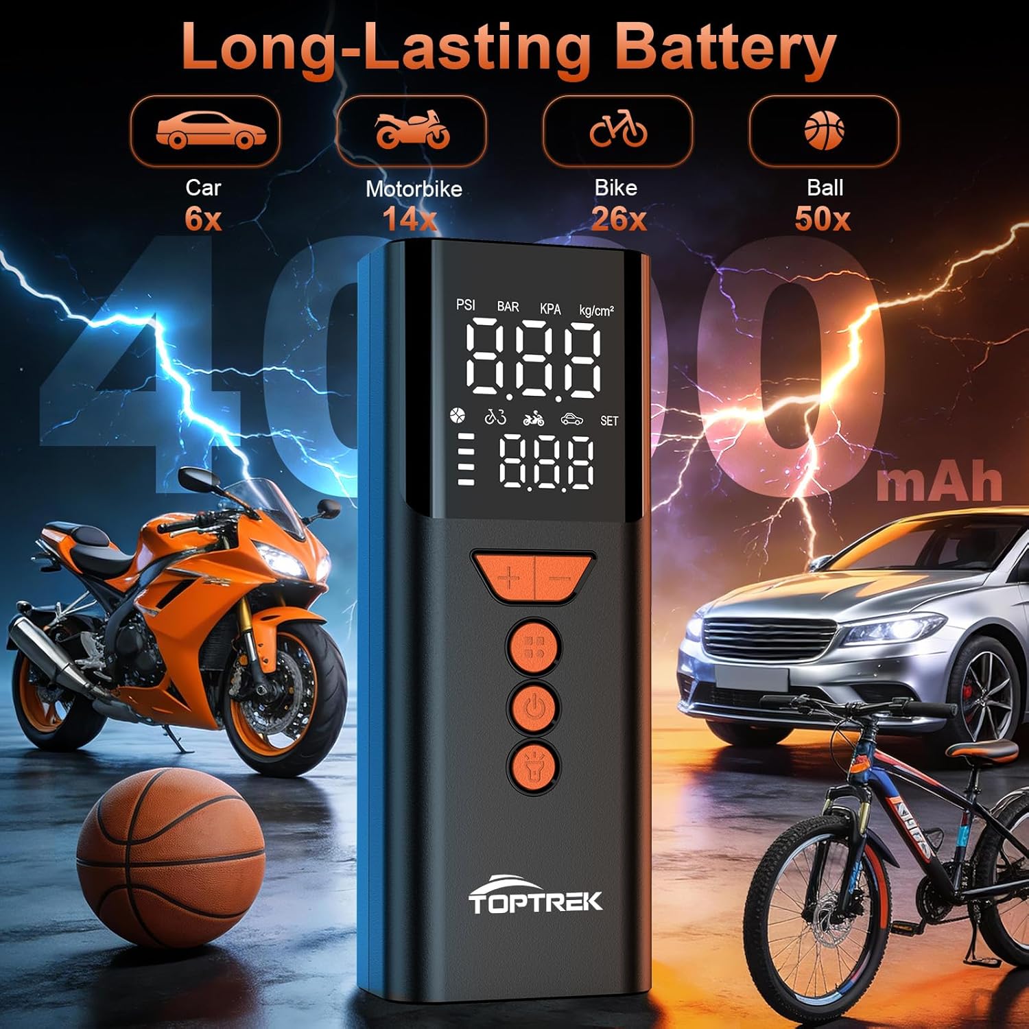 Thumbnail 2 de toptrek Cordless Tyre Inflator (150 PSI) with LED Light, Auto Shutoff & 4000mAh Power Bank