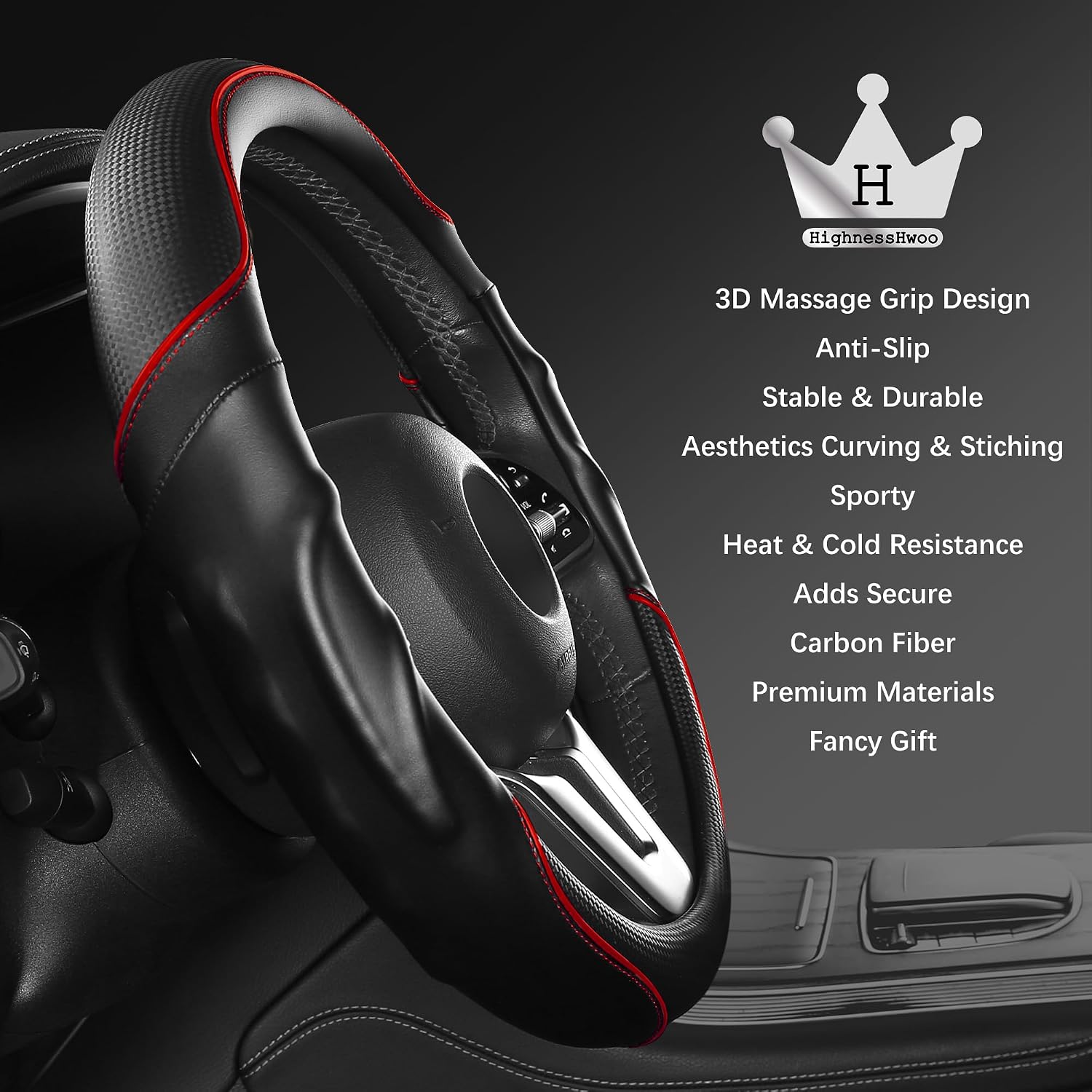 Thumbnail 3 de HighnessHwoo 3D Car Steering Wheel Cover – Comfort Grip, Anti-Slip Carbon Fibre Faux Leather, 37–38 cm, Red (Universal Fit)