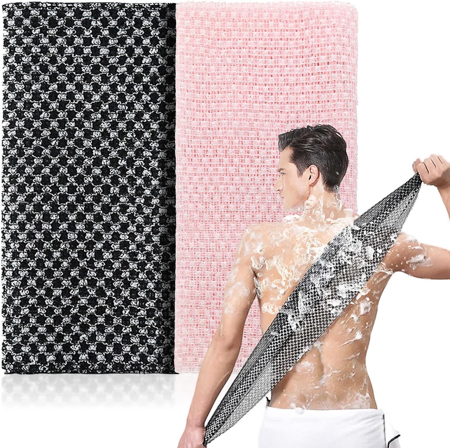 ANWEIXUE 2 Pcs Japanese Exfoliating Shower Towel – Antibacterial Treated Fabric, Black & Pink