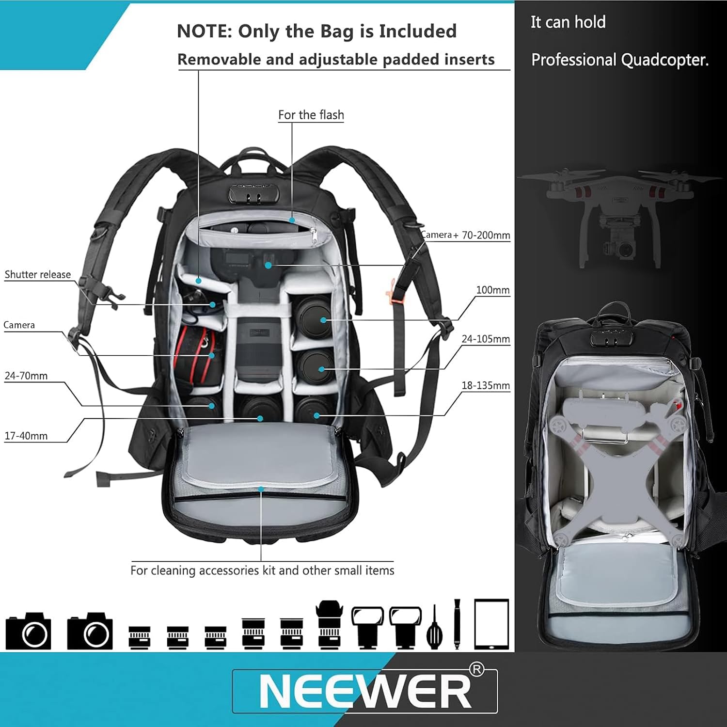 Thumbnail 2 de NEEWER Étui rembourré pour appareil photo avec serrure à combinaison – sac imperméable anti-chocs pour DSLR, accessoires et DJI Phantom