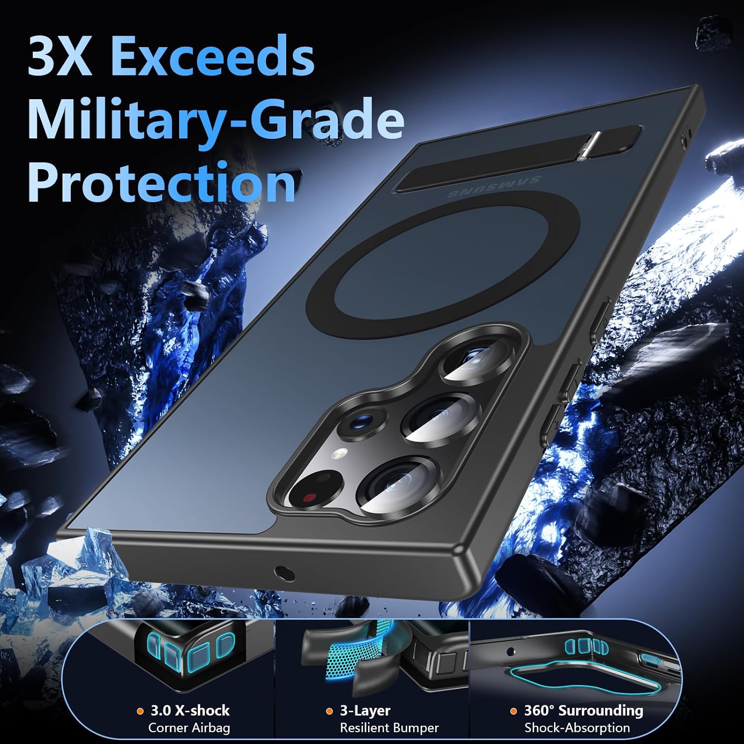 Detalle de OWKEY for Samsung Galaxy S22 Ultra Case with Stand — MagSafe Compatible, Military-Grade Protection